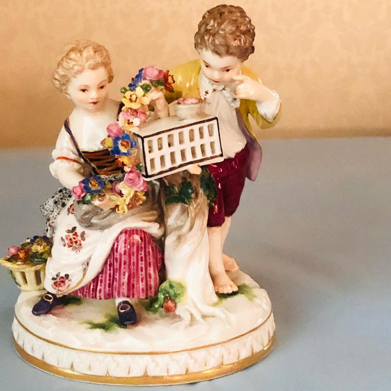 Other Antique Meissen Figural Group of Girl and Boy with Two Birds Out of Their Cage