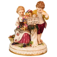 Antique Meissen Figural Group of Girl and Boy with Two Birds Out of Their Cage