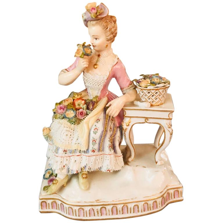 Antique Meissen Figural Group of Lady Depicting the Sense of Smell