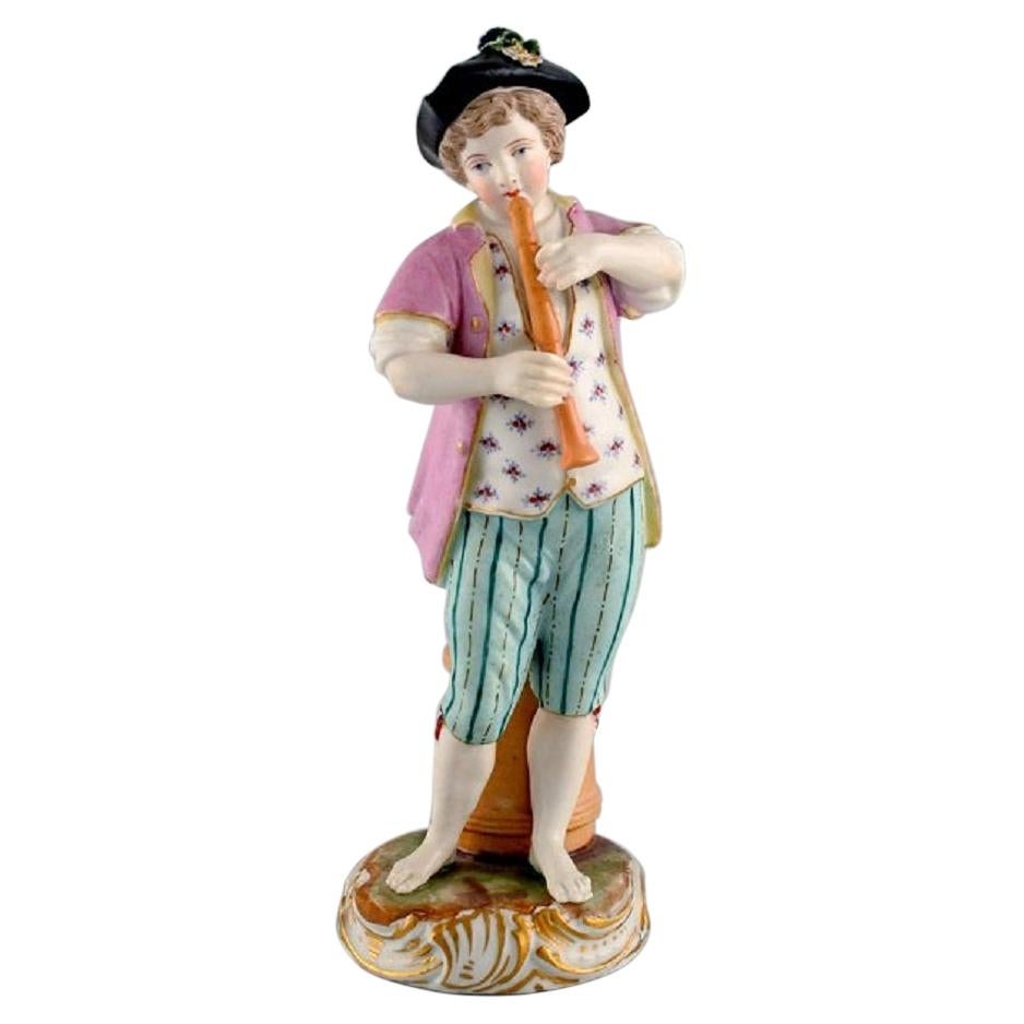 Antique Meissen Figure in Hand-Painted Porcelain, Boy Playing Flute, 1774-1814