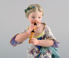 Meissen Figure in Hand Painted Porcelain, Girl Playing Flute, 19th Century