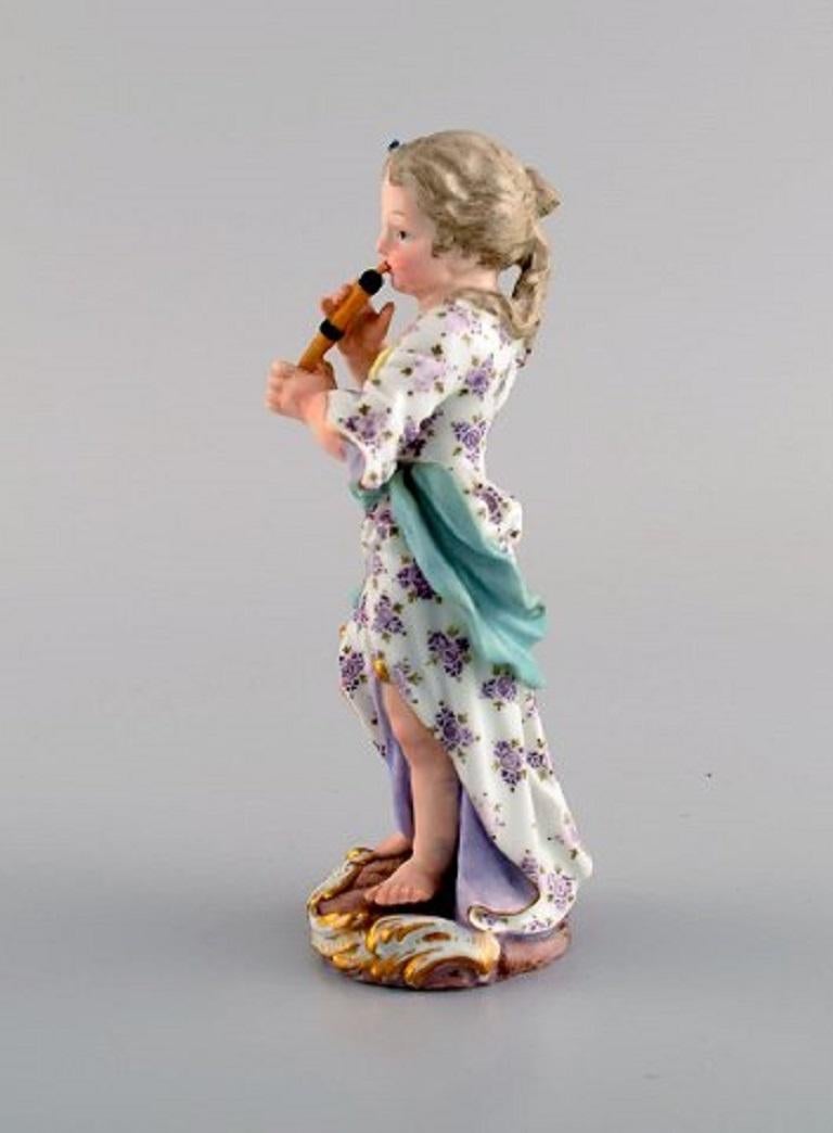 German Meissen Figure in Hand Painted Porcelain, Girl Playing Flute, 19th Century