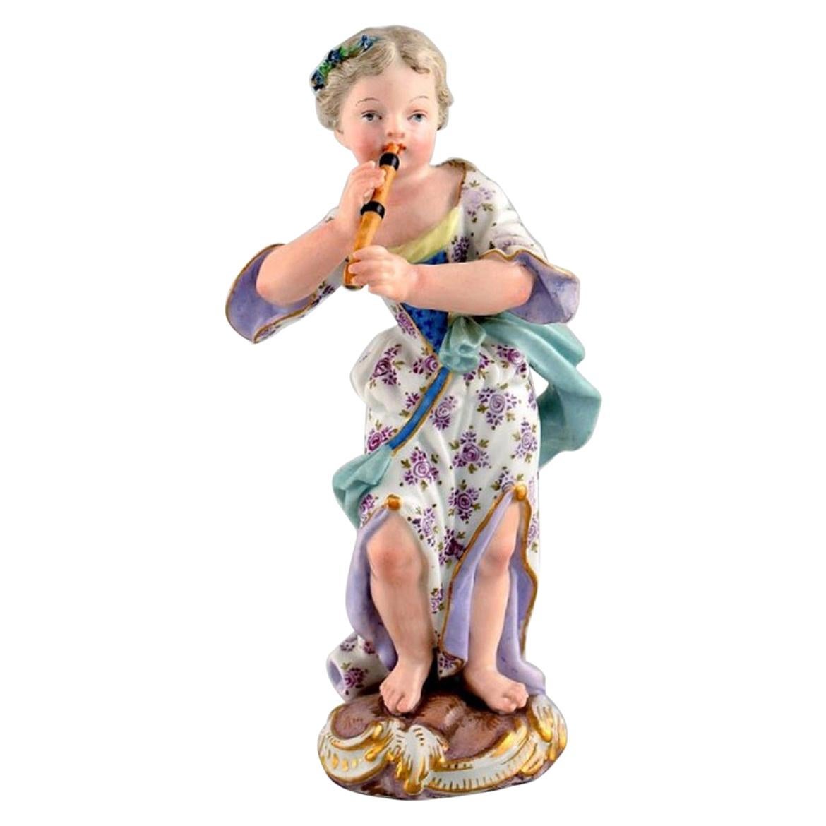 Meissen Figure in Hand Painted Porcelain, Girl Playing Flute, 19th Century