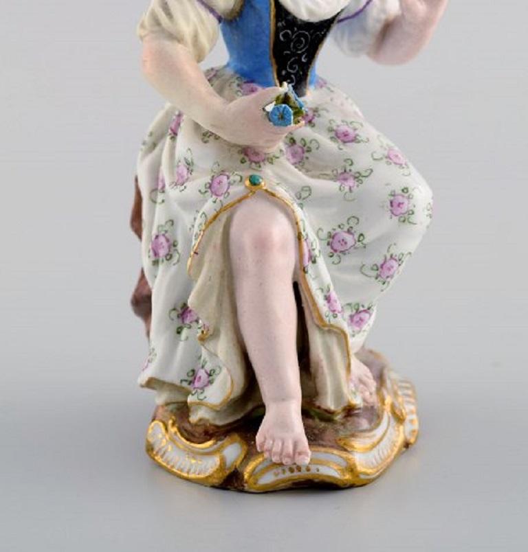 Rococo Antique Meissen Figure in Hand Painted Porcelain, Girl with Flowers