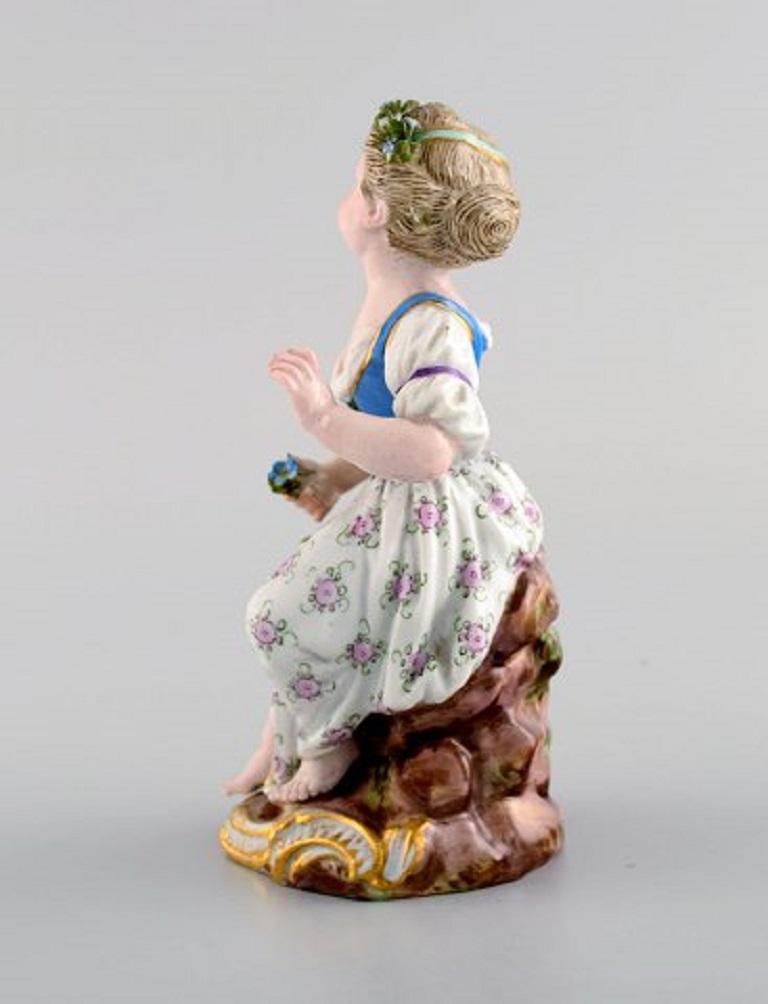German Antique Meissen Figure in Hand Painted Porcelain, Girl with Flowers