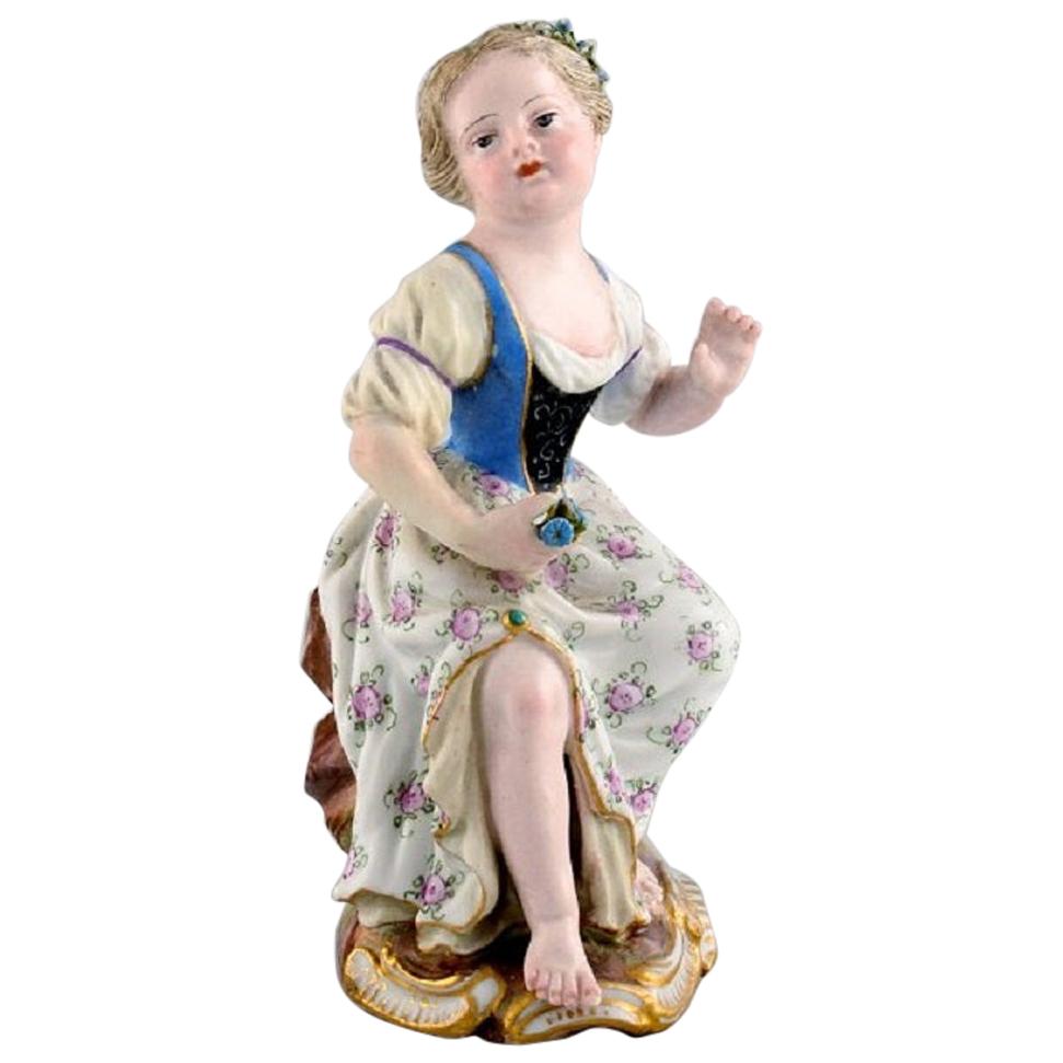 Antique Meissen Figure in Hand Painted Porcelain, Girl with Flowers