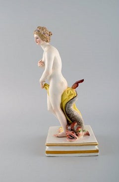 Antique Meissen Figure in Hand Painted Porcelain, Naked Woman and Beast