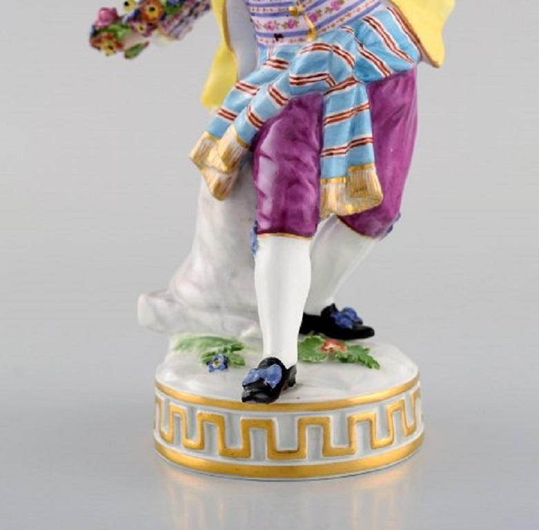 German Antique Meissen Figurine in Hand Painted Porcelain, Boy with Flowers