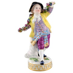Antique Meissen Figurine in Hand Painted Porcelain, Boy with Flowers