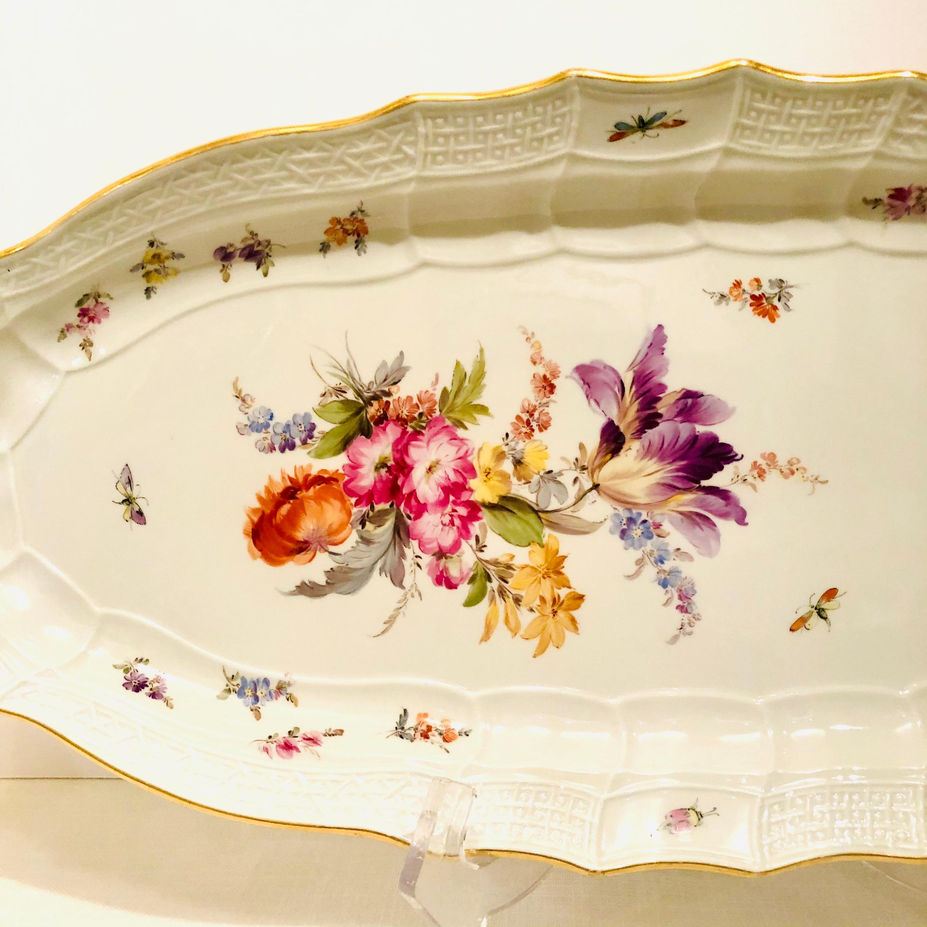 Romantic Antique Meissen Fish Platter with a Bouquet of Flowers Including a Purple Tulip