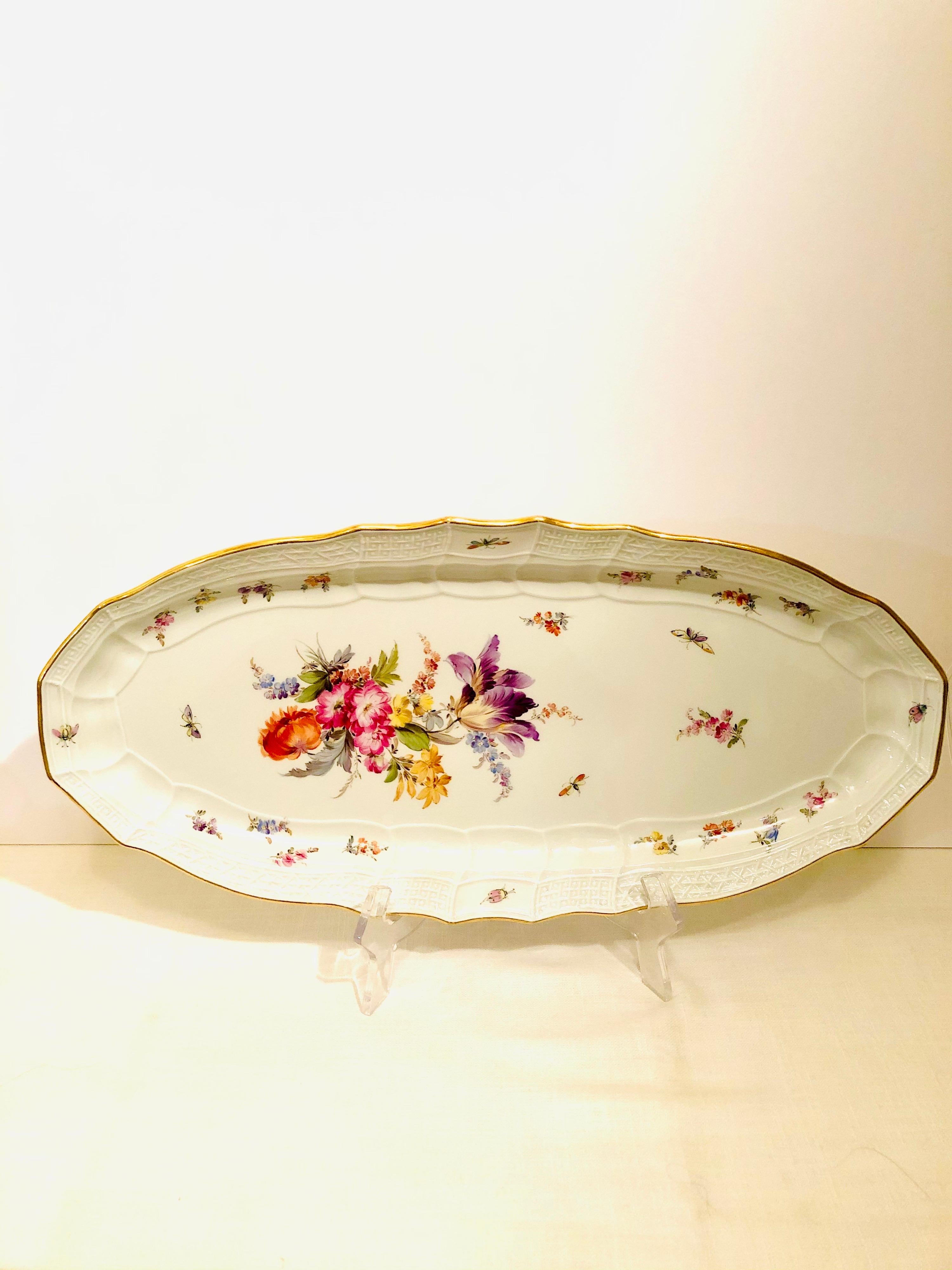 Hand-Painted Antique Meissen Fish Platter with a Bouquet of Flowers Including a Purple Tulip