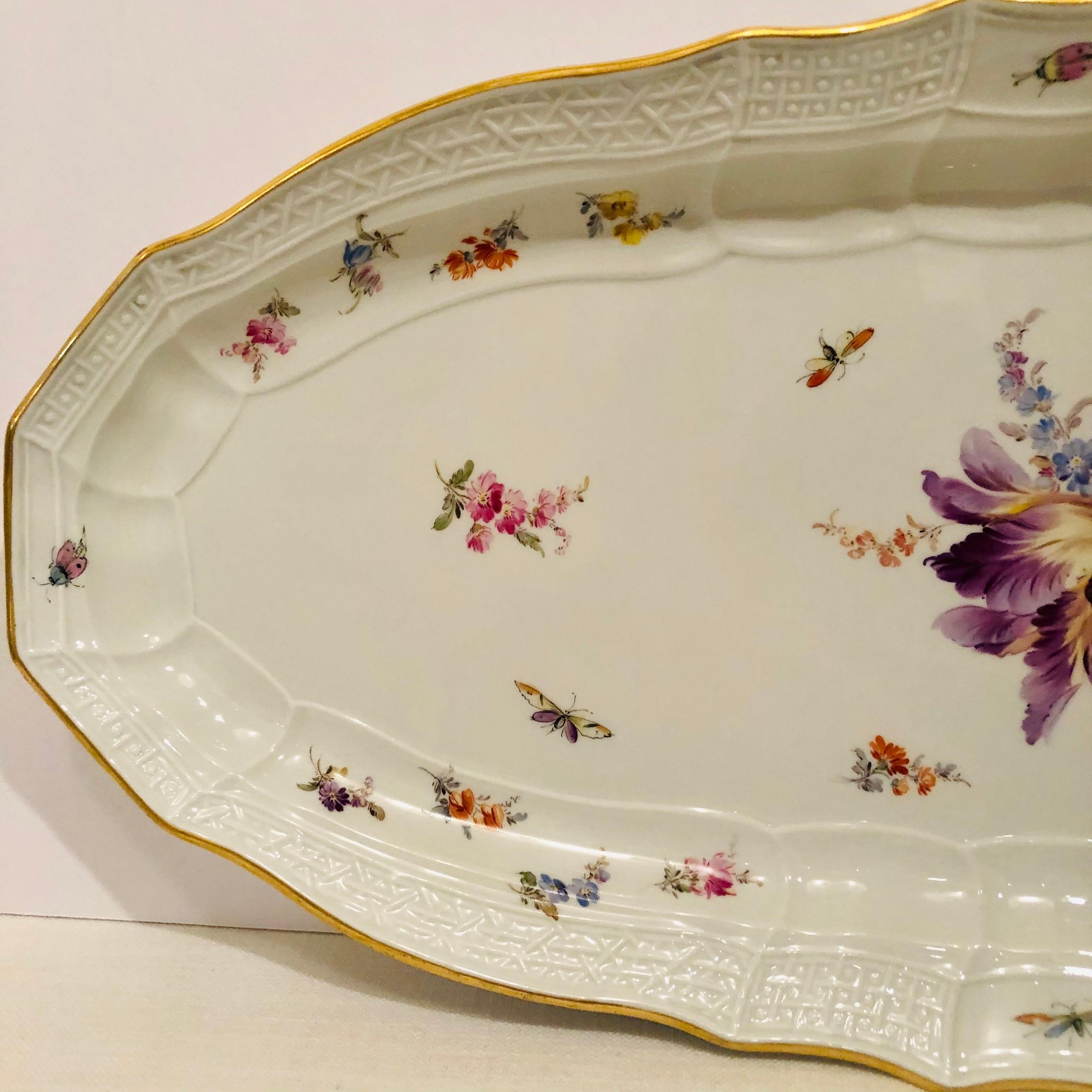 Antique Meissen Fish Platter with a Bouquet of Flowers Including a Purple Tulip In Good Condition In Boston, MA