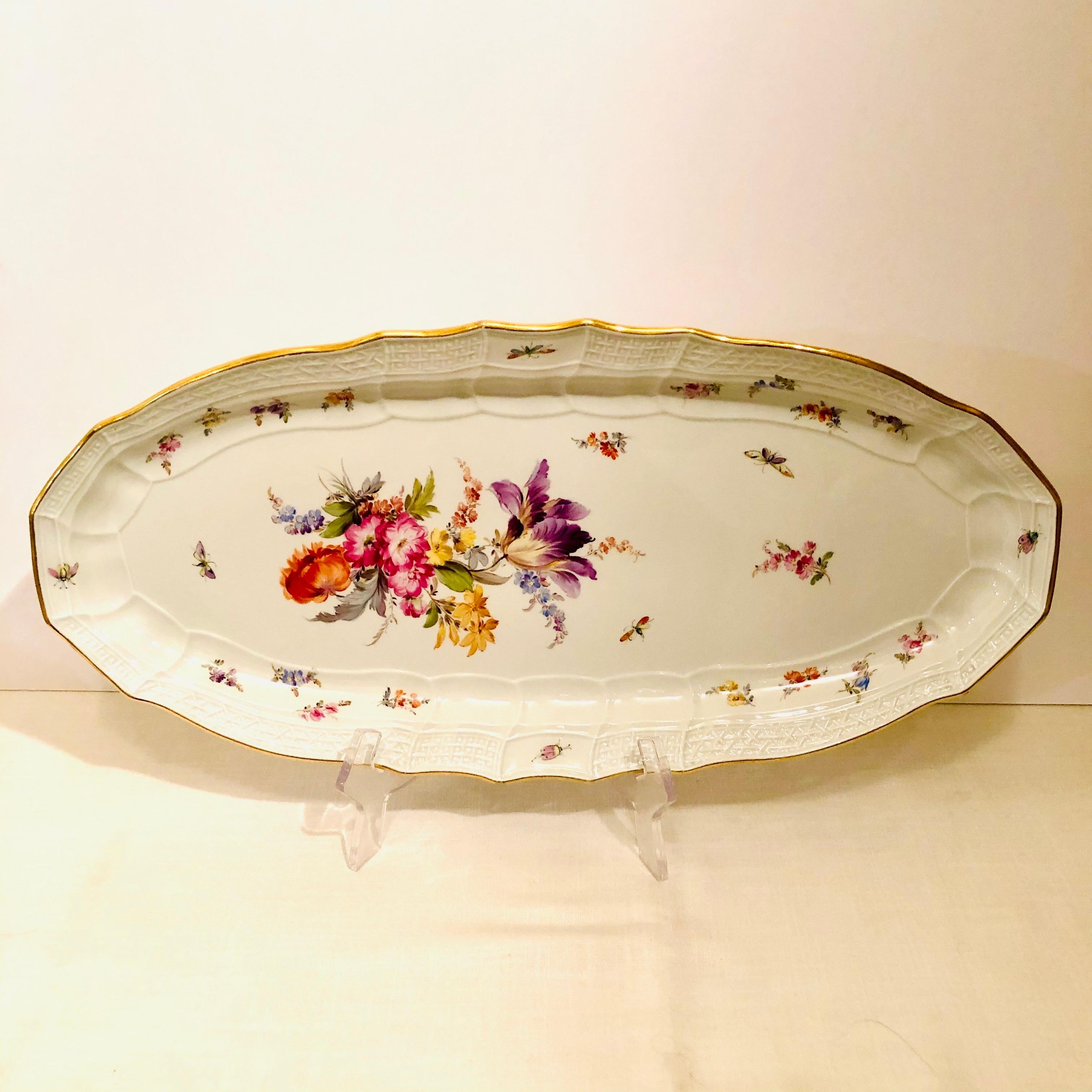 Porcelain Antique Meissen Fish Platter with a Bouquet of Flowers Including a Purple Tulip