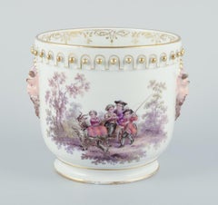 Antique Meissen flowerpot in porcelain. With motif of faun and bucolic scenes.