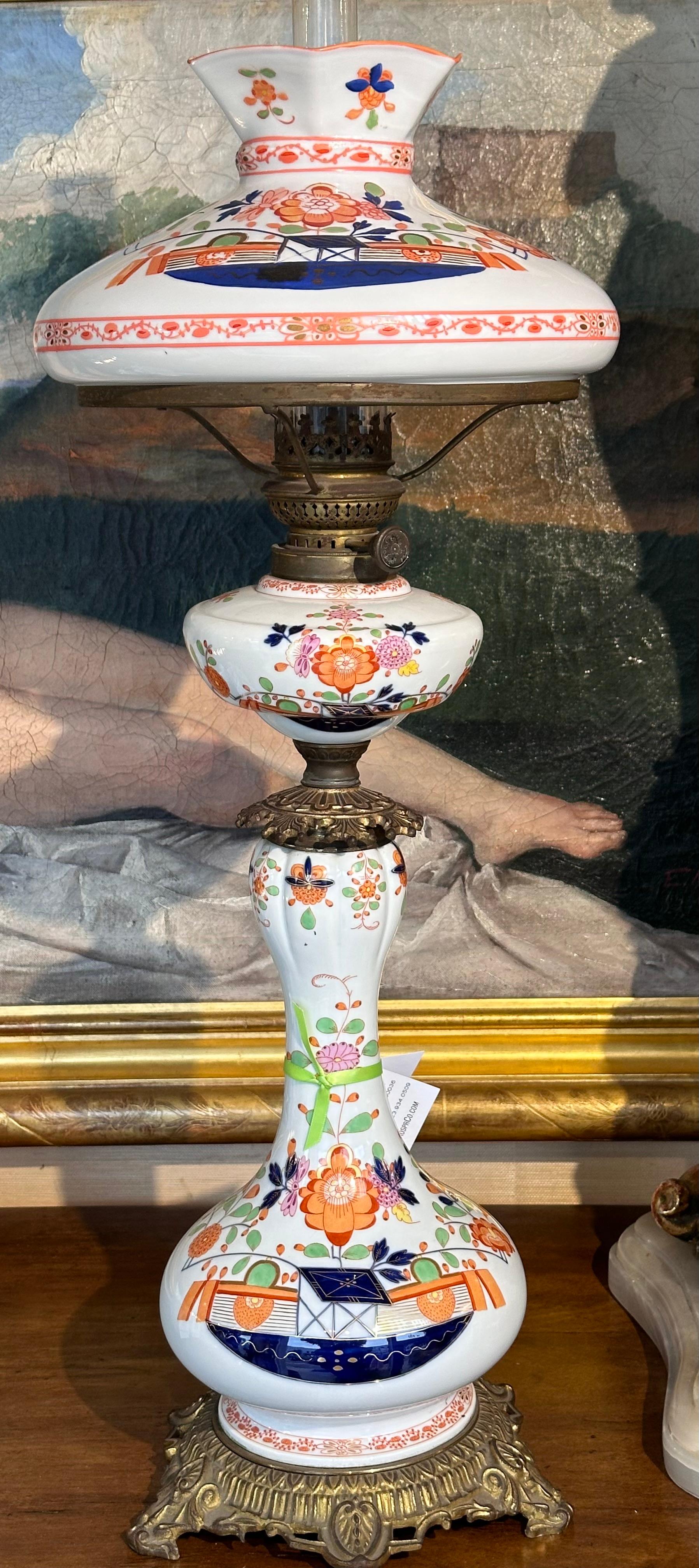Antique Meissen German Porcelain Oil Lamp W Glass Shade In Good Condition For Sale In LOS ANGELES, CA