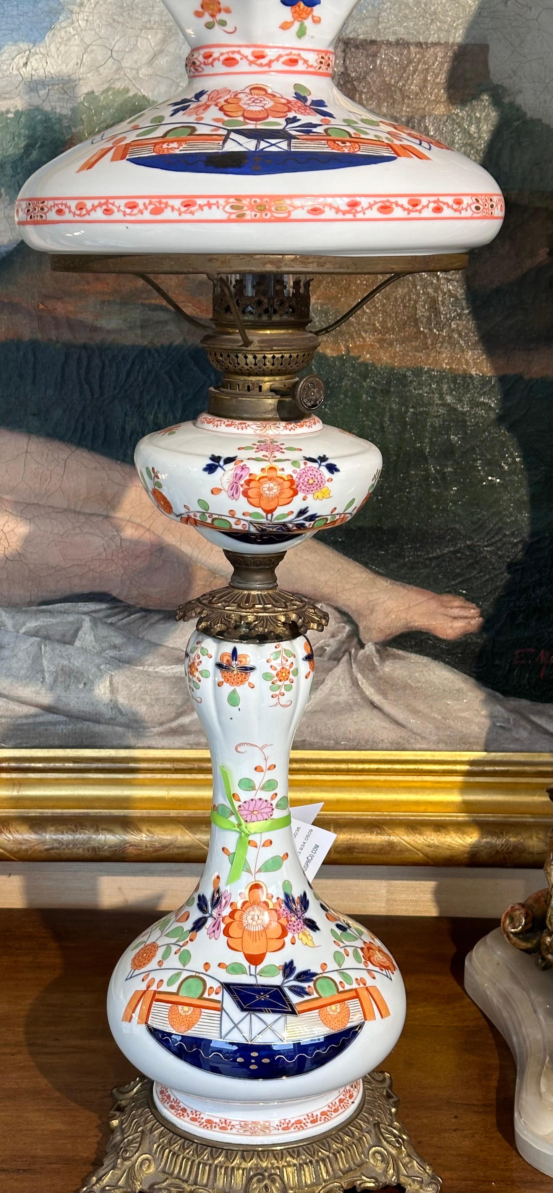 19th Century Antique Meissen German Porcelain Oil Lamp W Glass Shade For Sale