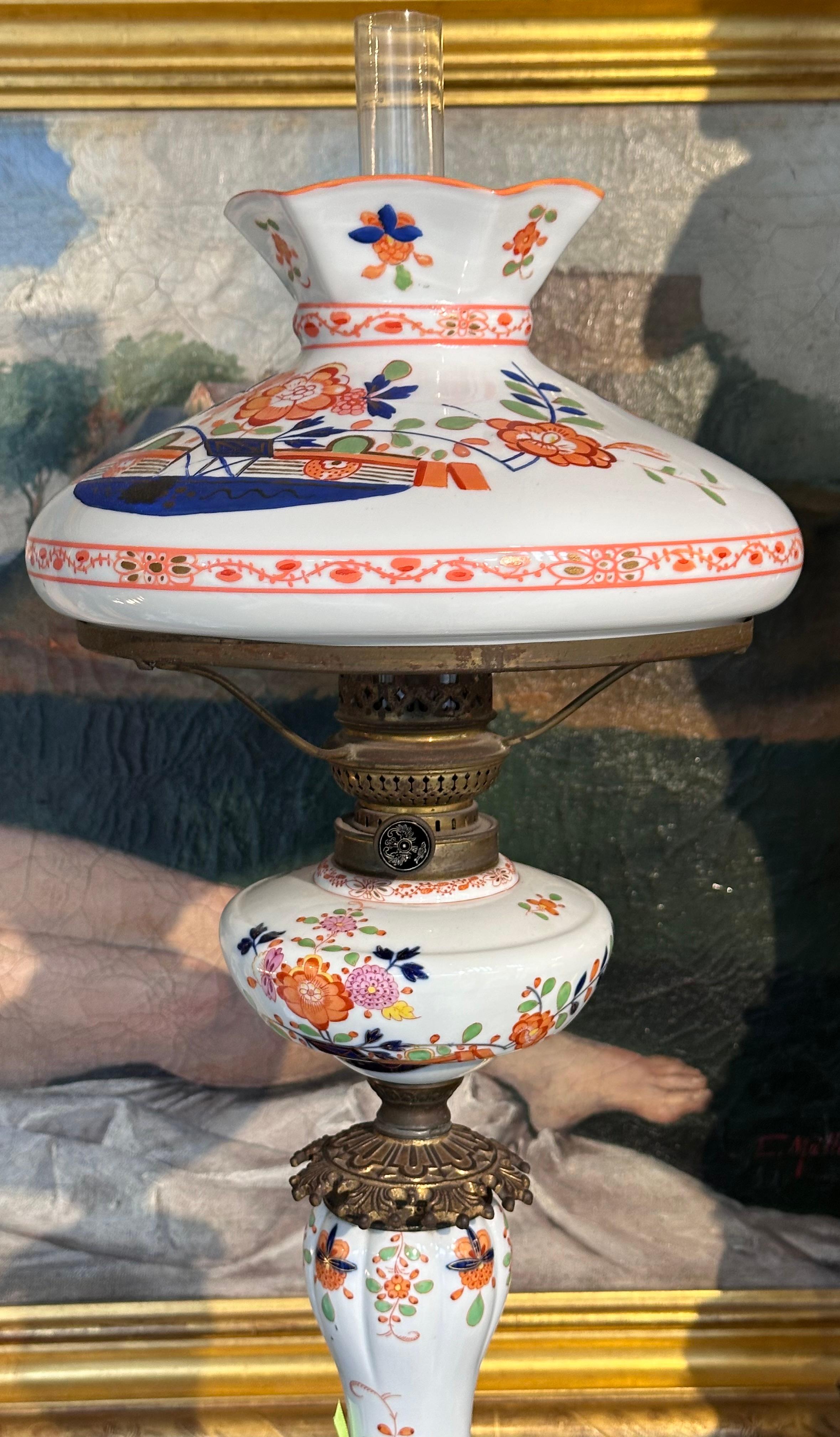 Antique Meissen German Porcelain Oil Lamp W Glass Shade For Sale 2