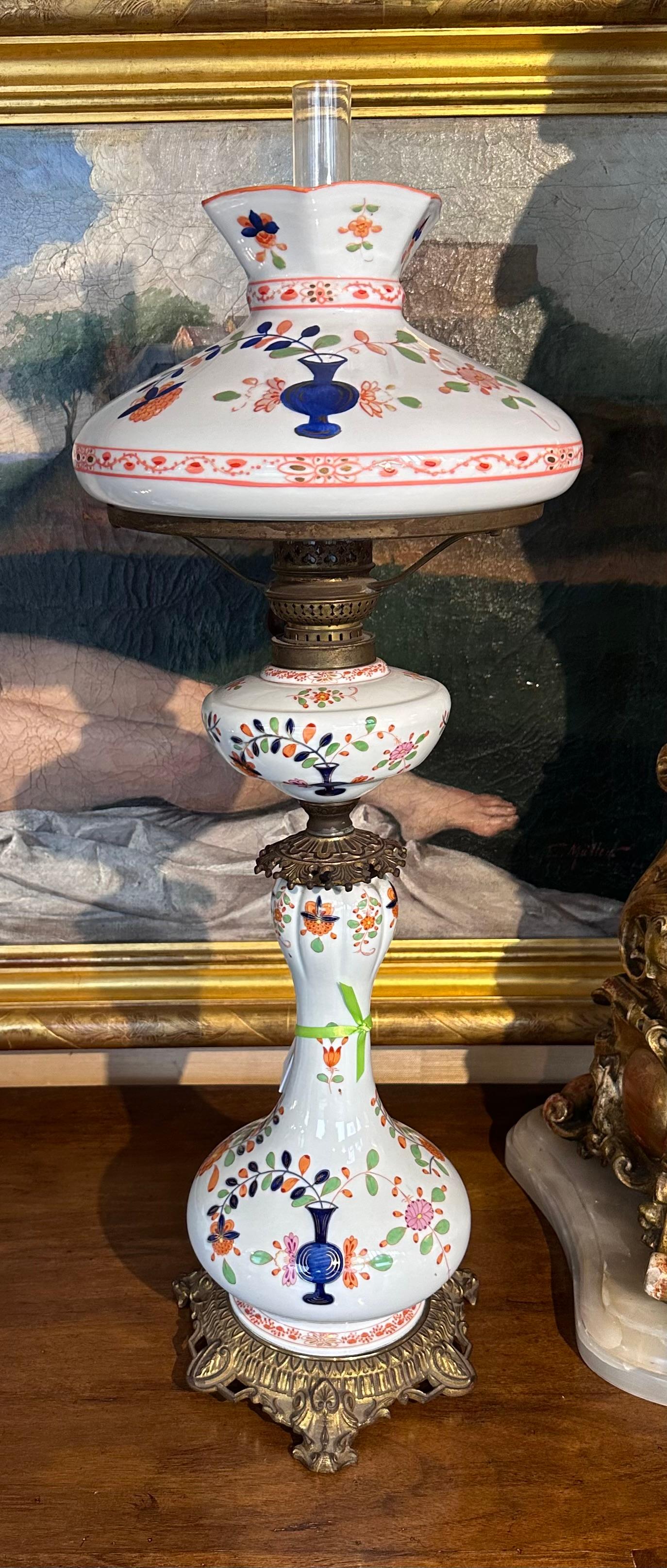 Antique Meissen German Porcelain Oil Lamp W Glass Shade For Sale 3