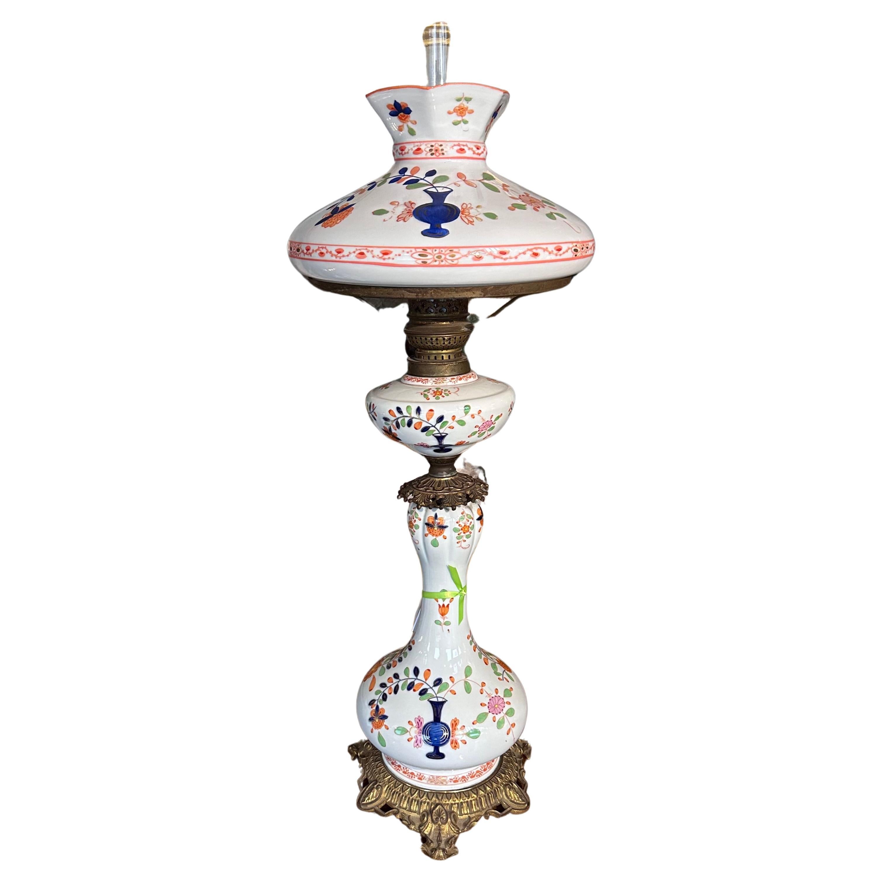 Antike Meissener deutsche Porzellan-Öllampe mit Glasschirm, Meissener Porzellan