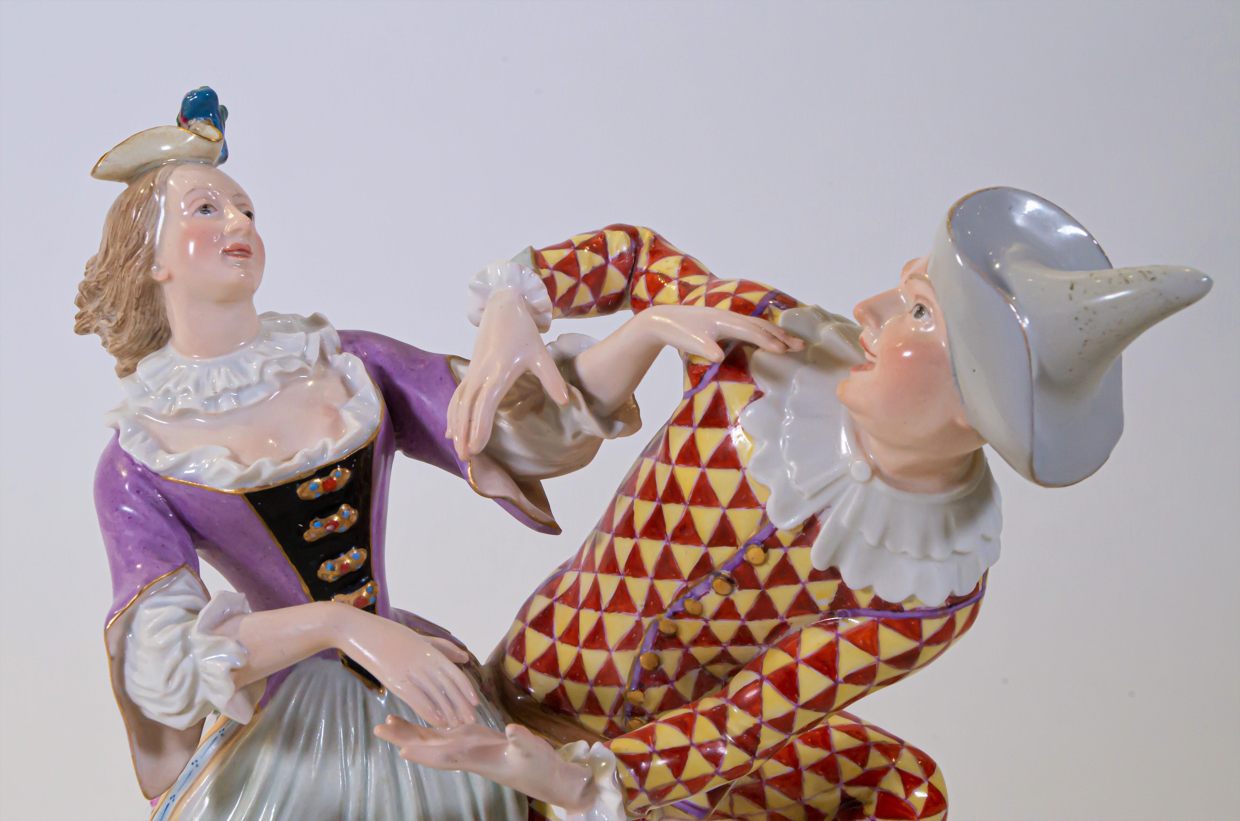 Peint à la main Antique groupe de danse de Meissen Commedia Dell