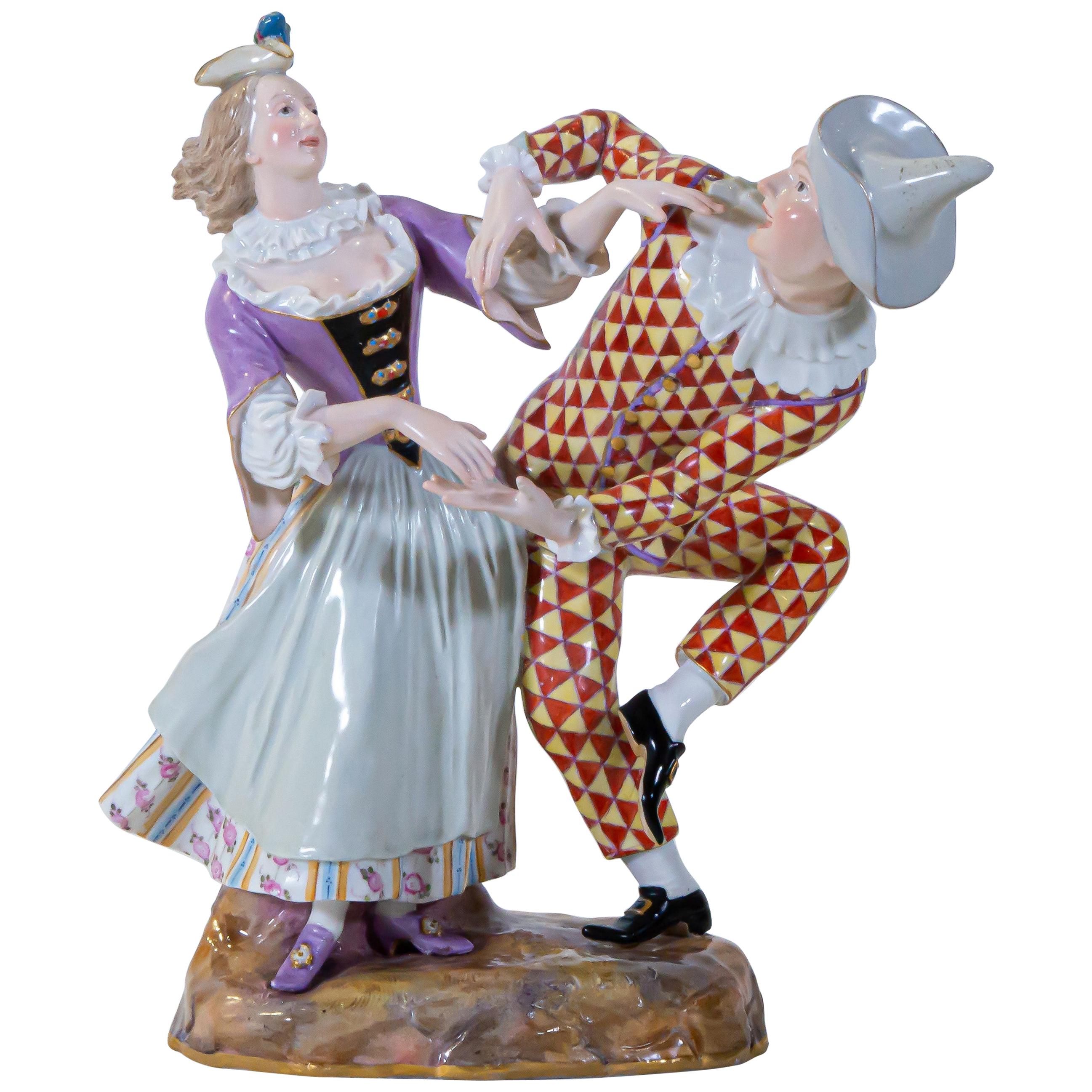 Antique Meissen Group of Commedia Dell"arte, Harlequin and Columbine Dancing