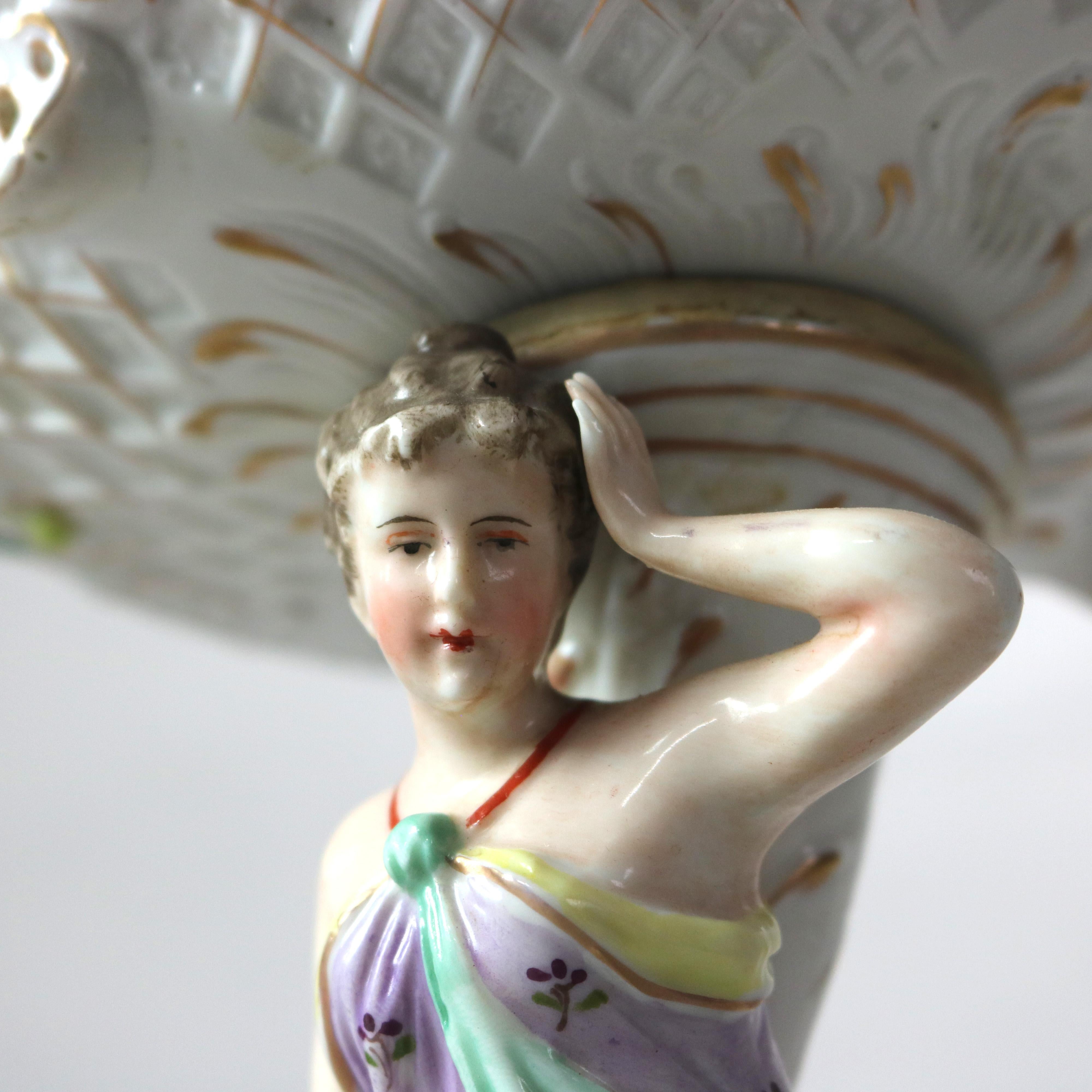 Antique Meissen Hand Painted & Gilt Porcelain Center Bowl with Figural Stand c1890

Measures - 8 5/8