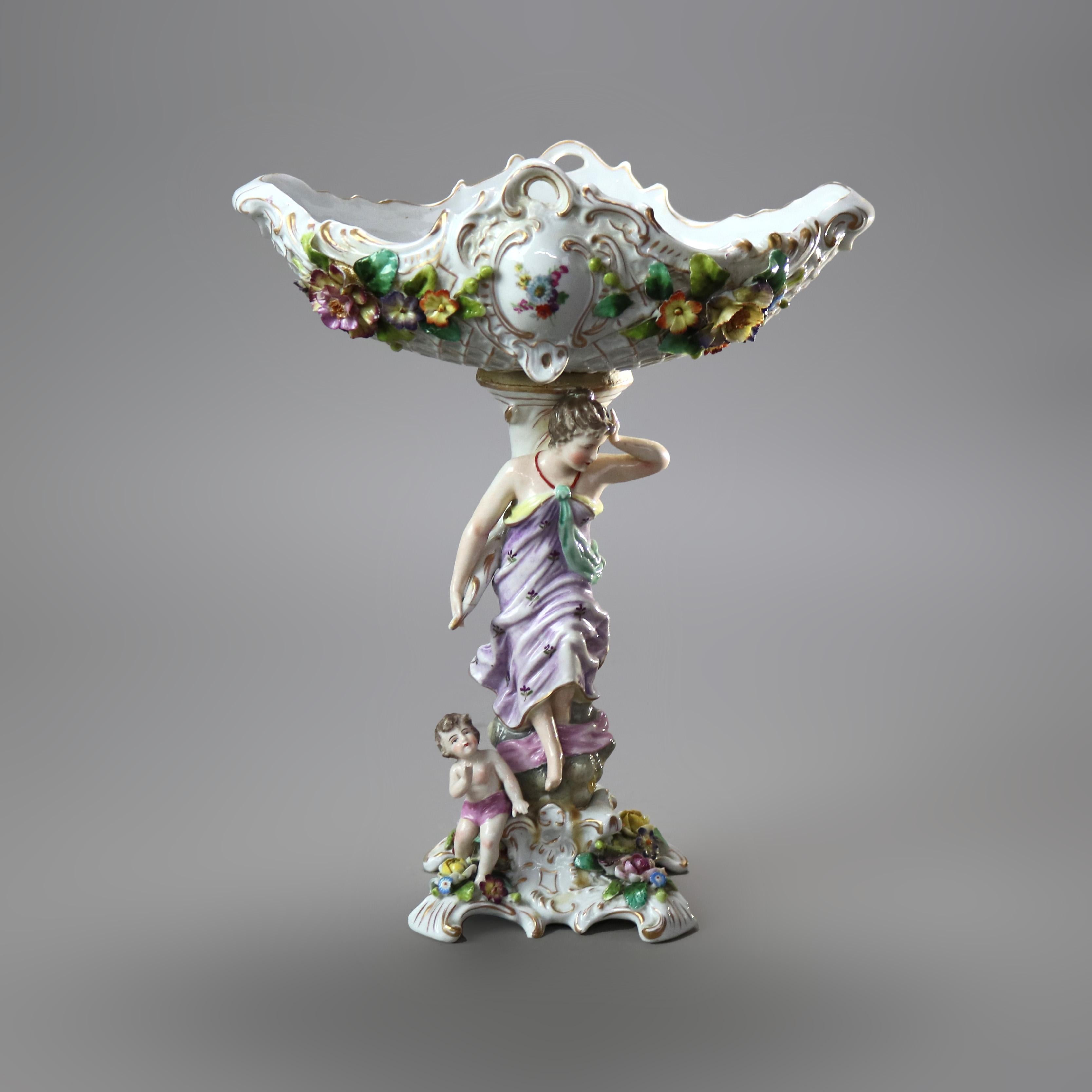 Antique Meissen Hand Painted & Gilt Porcelain Center Bowl with Figural Stand In Good Condition In Big Flats, NY