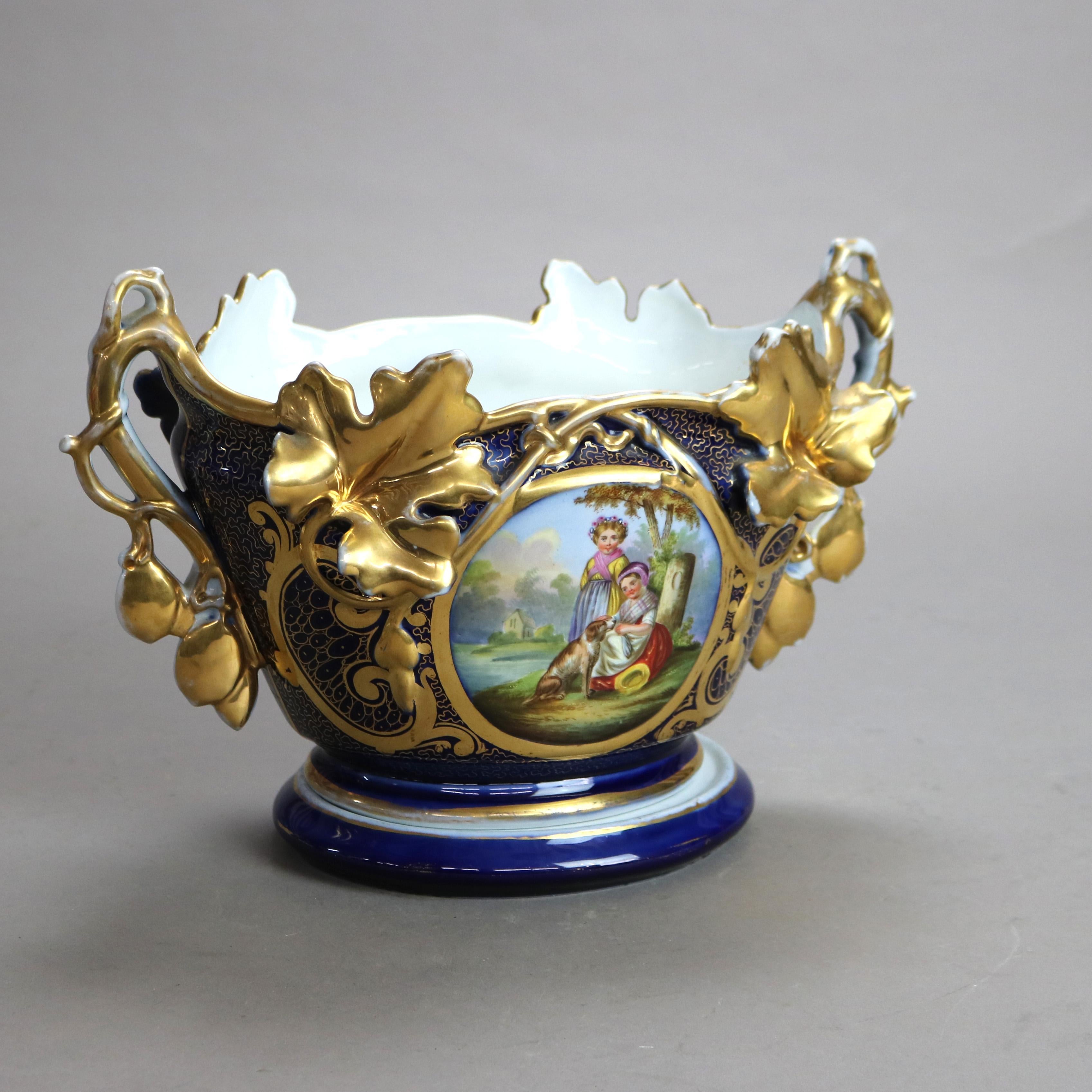 Cuenco antiguo de Meissen Porcelain pintado a mano y dorado con soporte figurado en Bueno Estado en Big Flats, NY