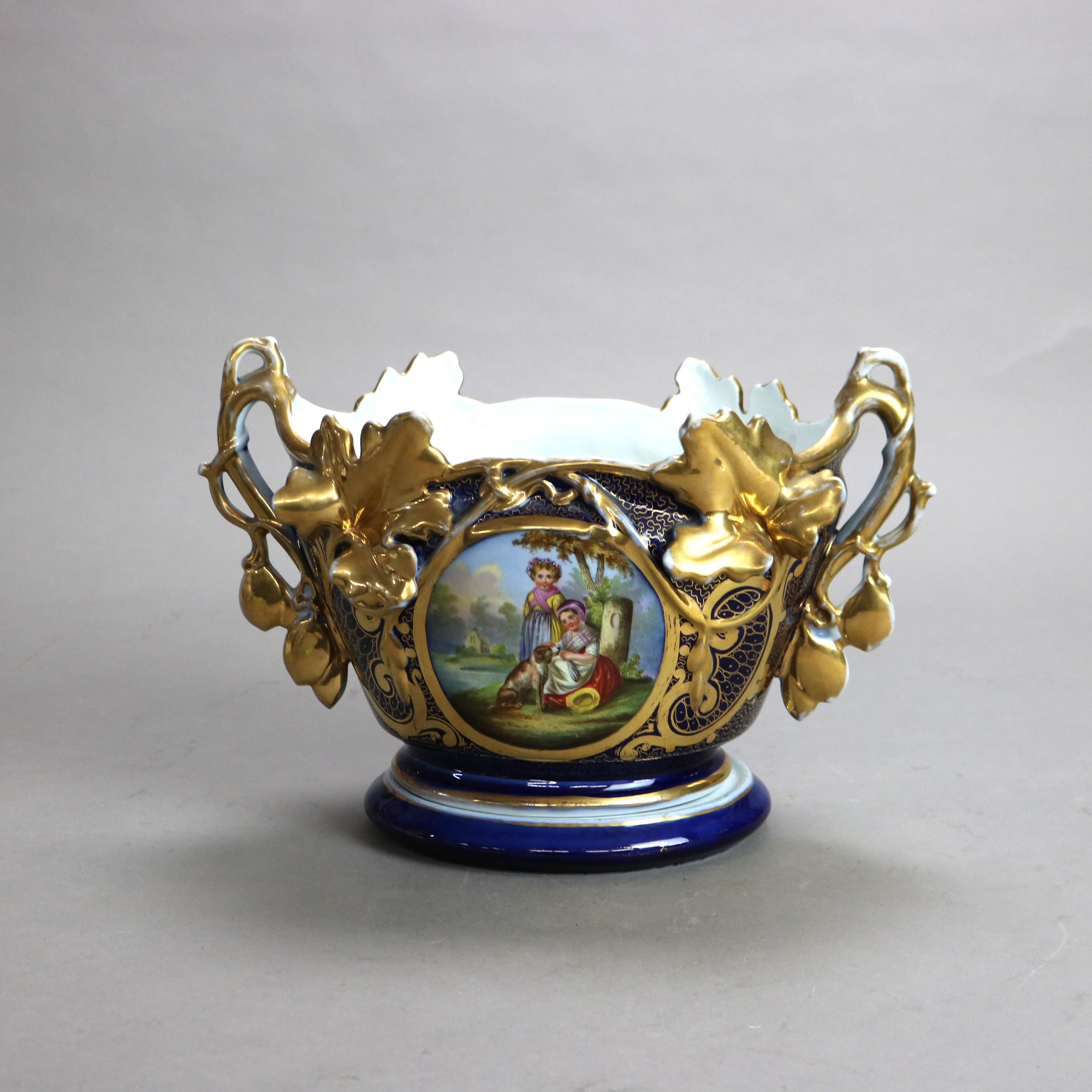 Cuenco antiguo de Meissen Porcelain pintado a mano y dorado con soporte figurado siglo XIX
