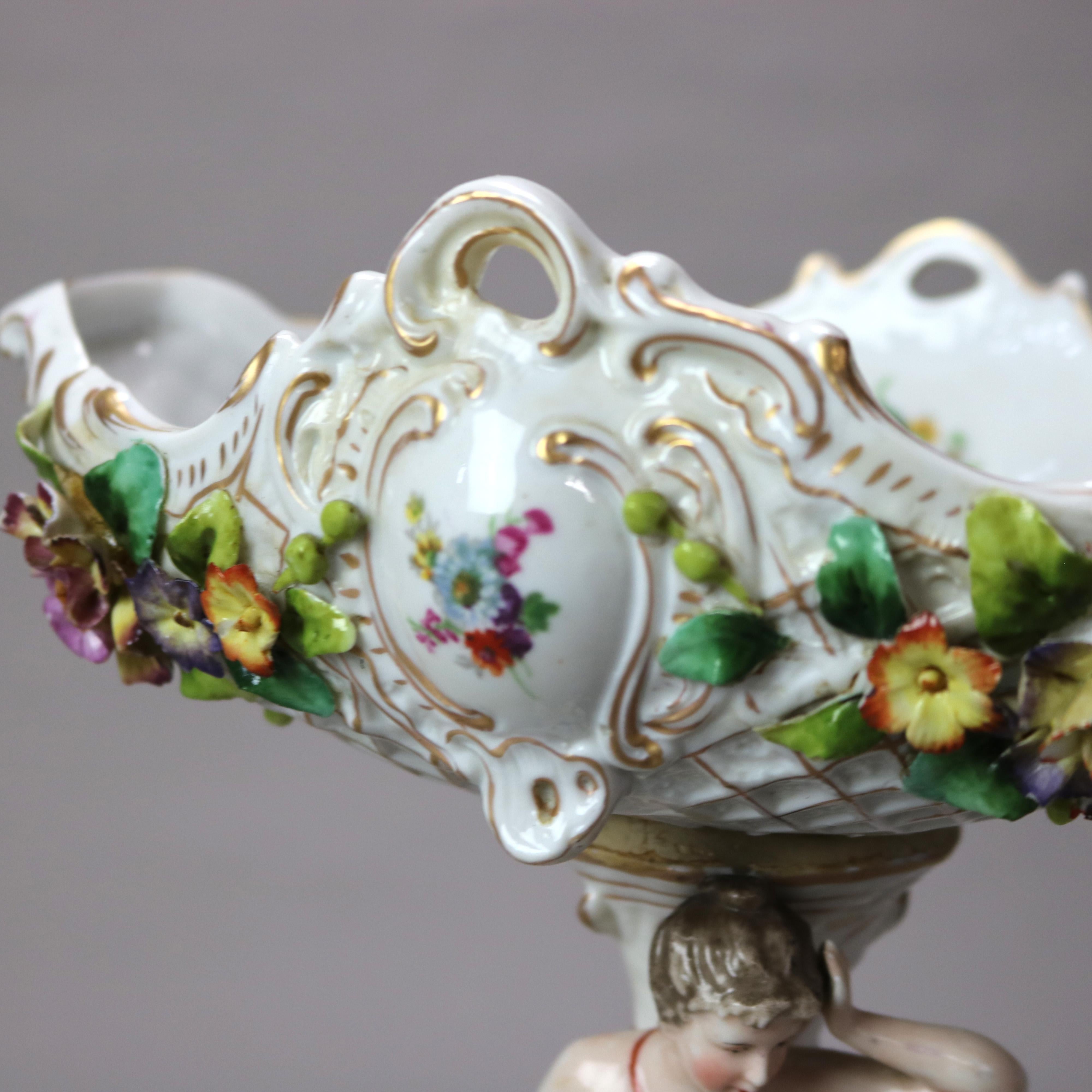 Antique Meissen Hand Painted & Gilt Porcelain Center Bowl with Figural Stand 1
