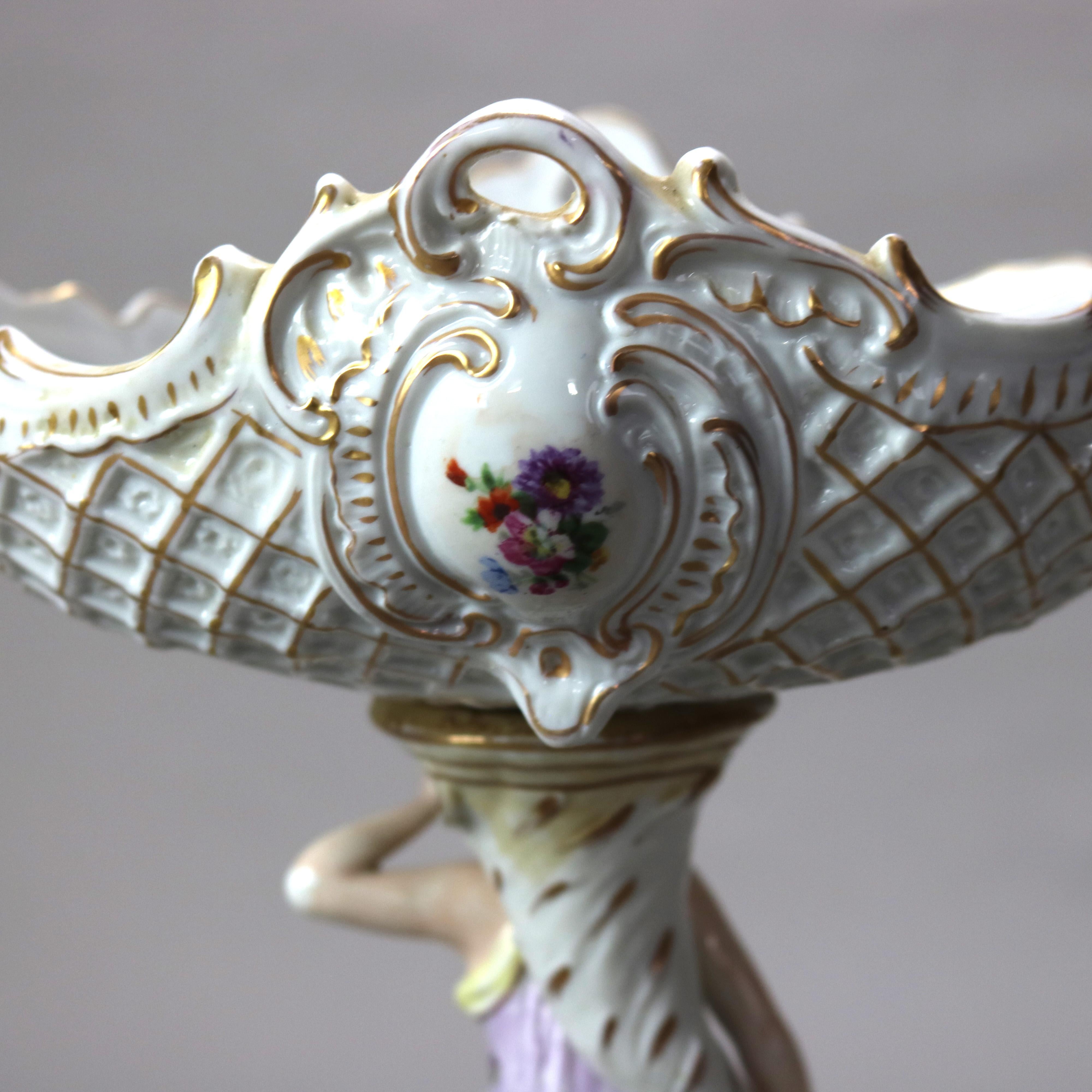 Antique Meissen Hand Painted & Gilt Porcelain Center Bowl with Figural Stand 4