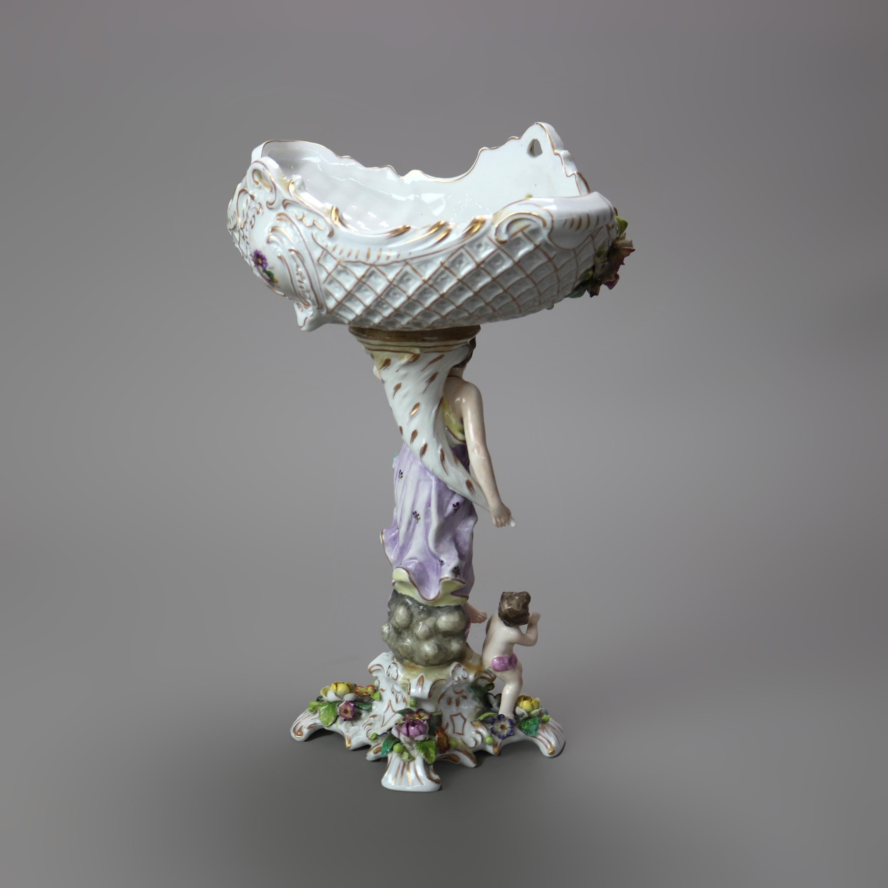 Antique Meissen Hand Painted & Gilt Porcelain Center Bowl with Figural Stand 5
