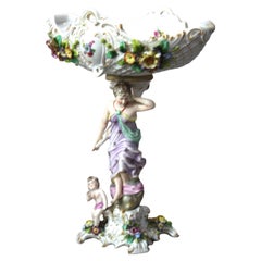 Antique Meissen Hand Painted & Gilt Porcelain Center Bowl with Figural Stand