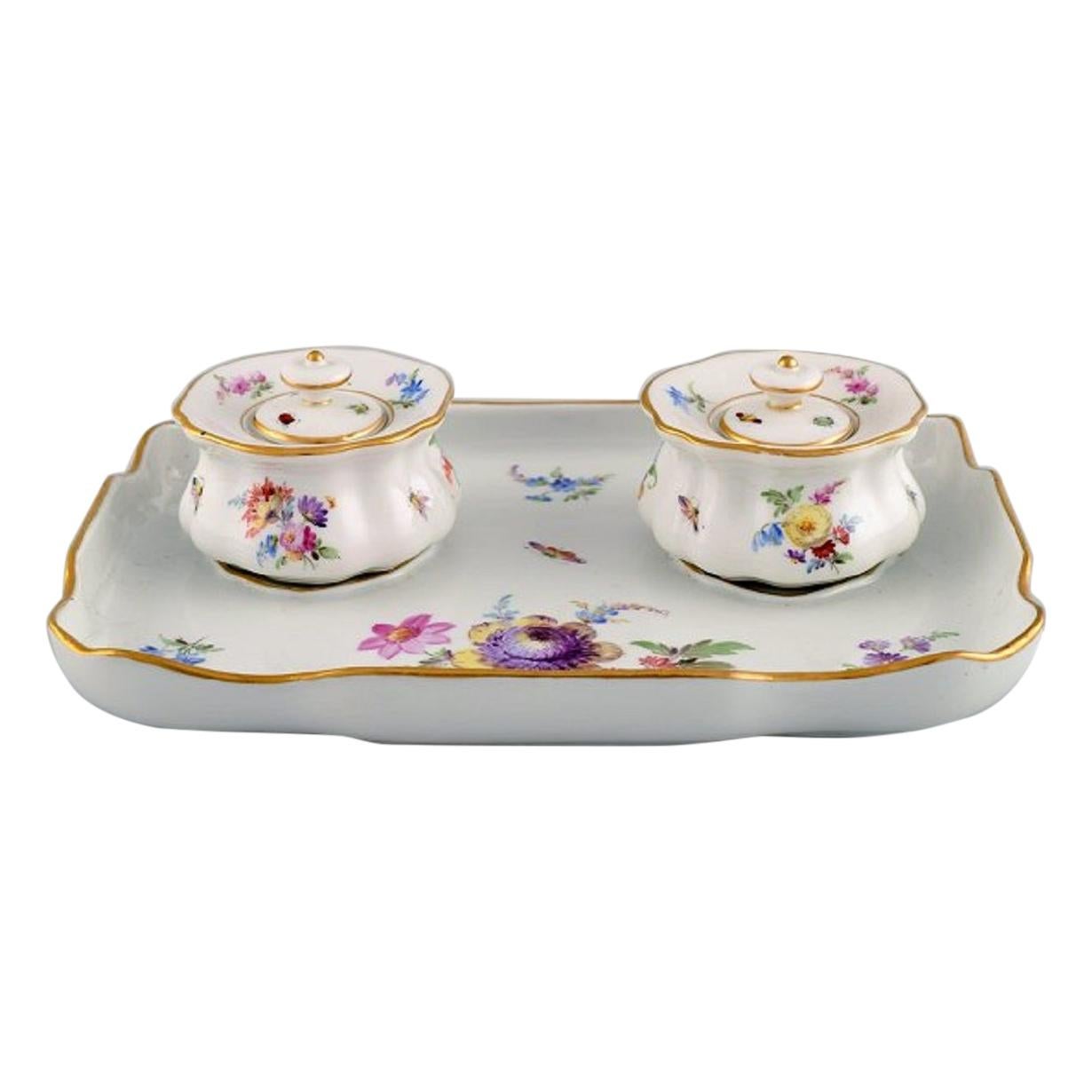 Antique Meissen inkwell set in hand-painted porcelain with floral motifs. 19th C