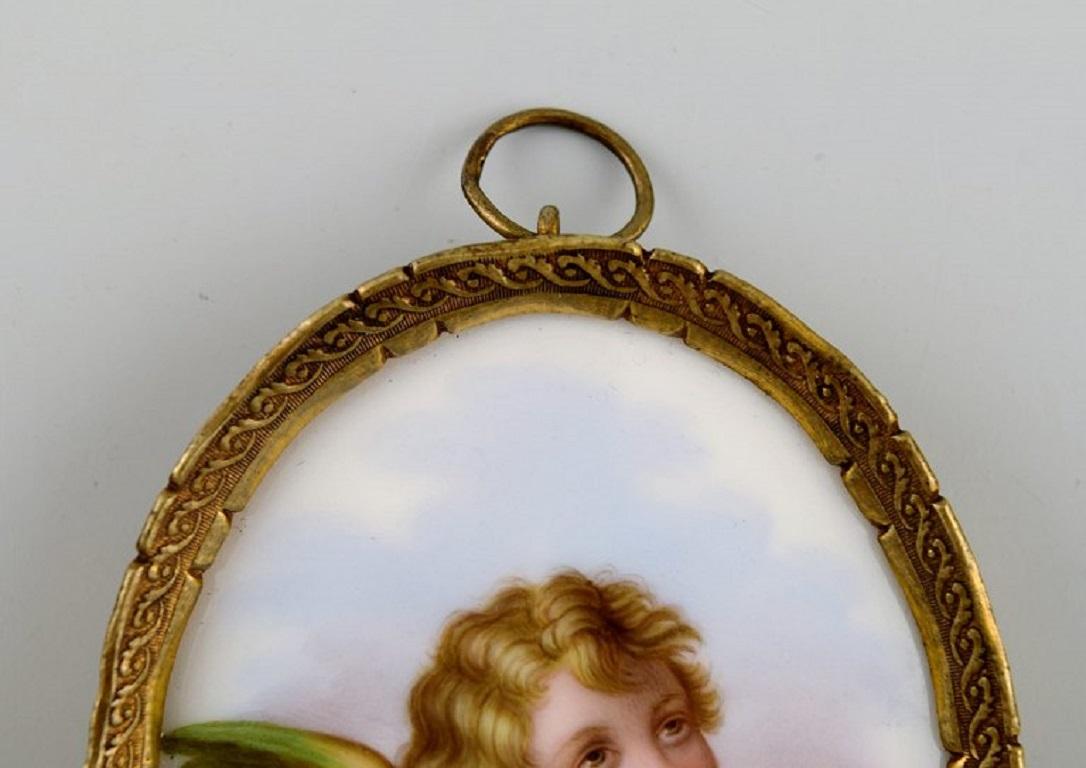 Danish Antique Meissen Miniature Plaque in Hand-Painted Porcelain with Bronze Frame