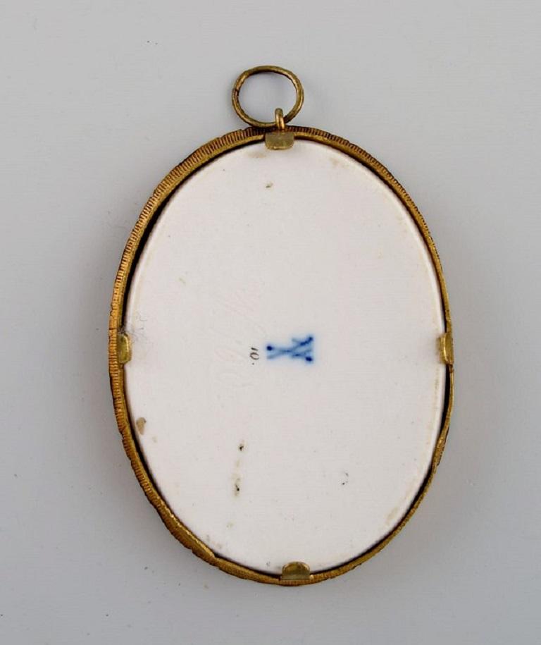 Early 20th Century Antique Meissen Miniature Plaque in Hand-Painted Porcelain with Bronze Frame