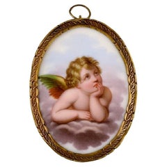 Antique Meissen Miniature Plaque in Hand-Painted Porcelain with Bronze Frame