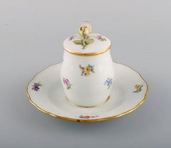 Antique Meissen Mustard Jar with a Spoon in Hand-Painted Porcelain with Flowers