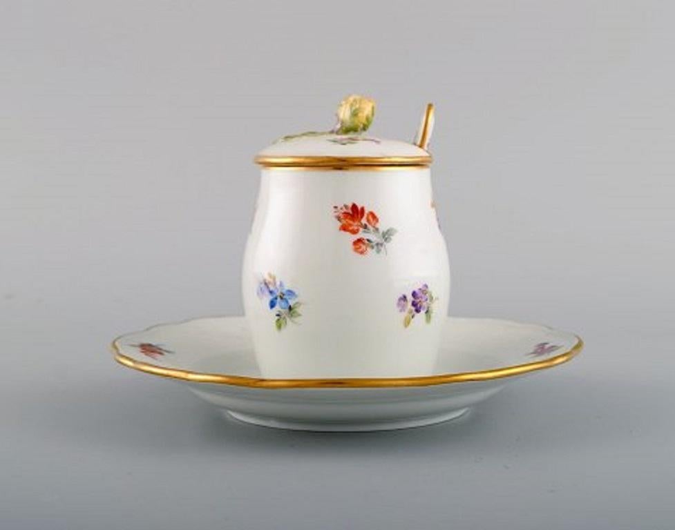 German Antique Meissen Mustard Jar with a Spoon in Hand-Painted Porcelain with Flowers