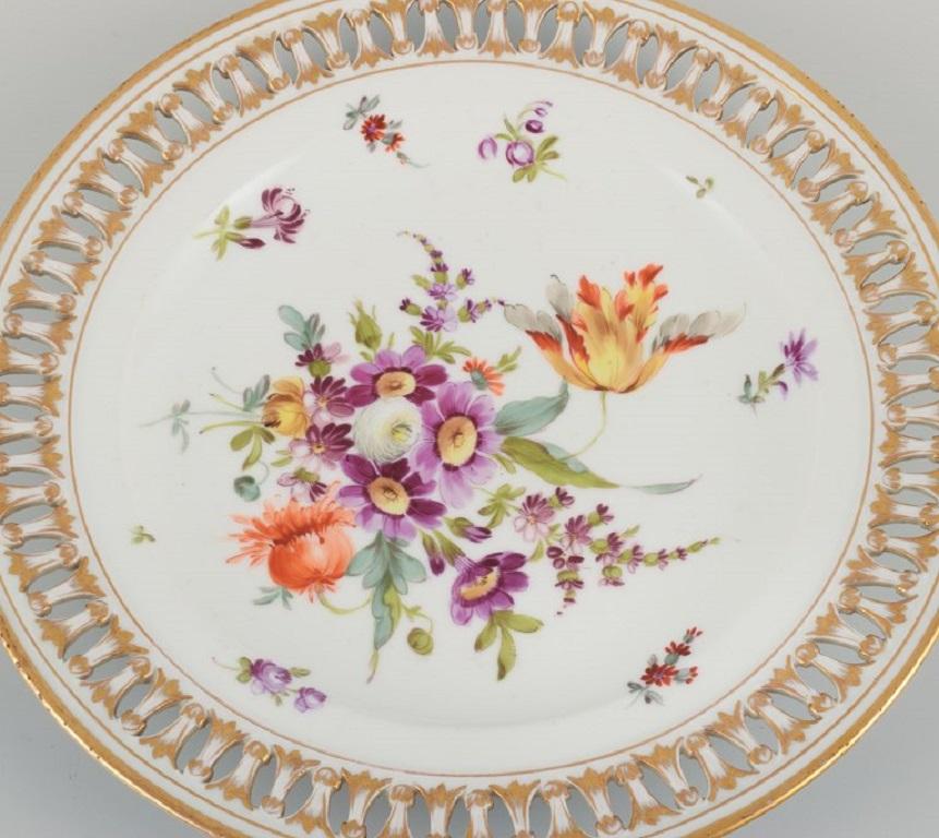 German Antique Meissen Openwork Plate in Hand-Painted Porcelain with Flowers. 