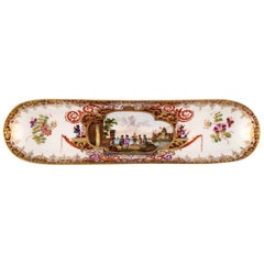Antique Meissen Pen Tray in Hand Painted Porcelain with Merchants
