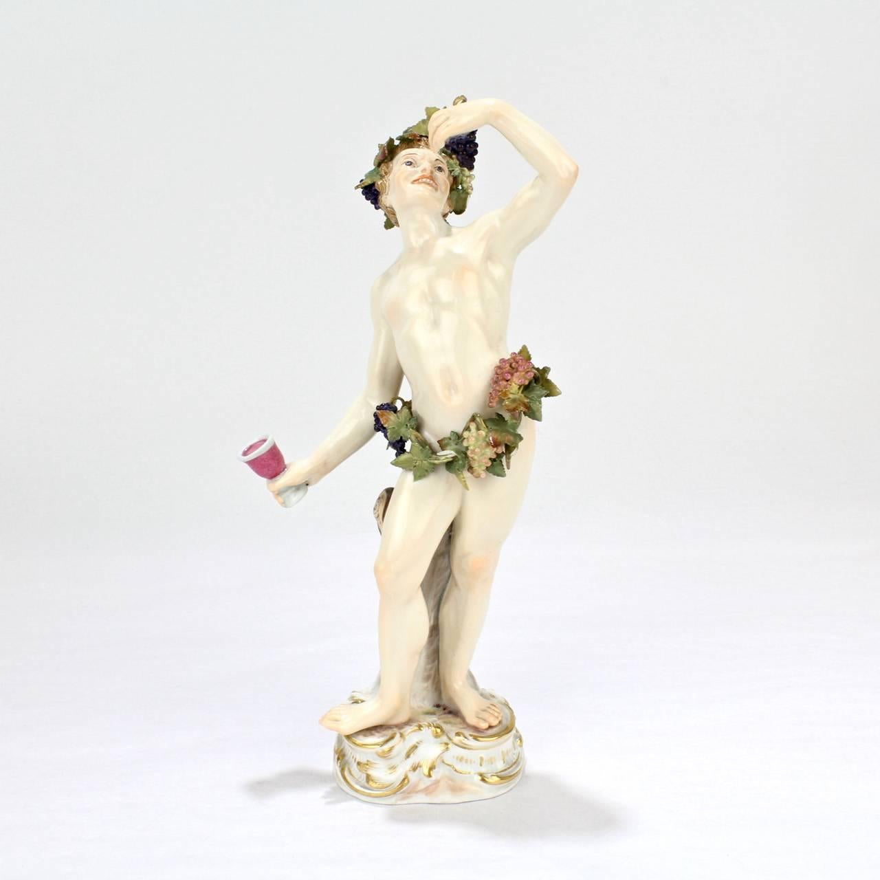 A very fine Meissen model of Bacchus - the God of Wine and Fertility.

Modeled by Johann Joachim Kaendler.

Bacchus stands at a stump adorned with a crown and garland of grape leaves, holding a wine goblet in one hand and bunch of grapes aloft