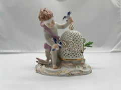 Antique Meissen Porcelain Boy & The Bird Cage Figure Model