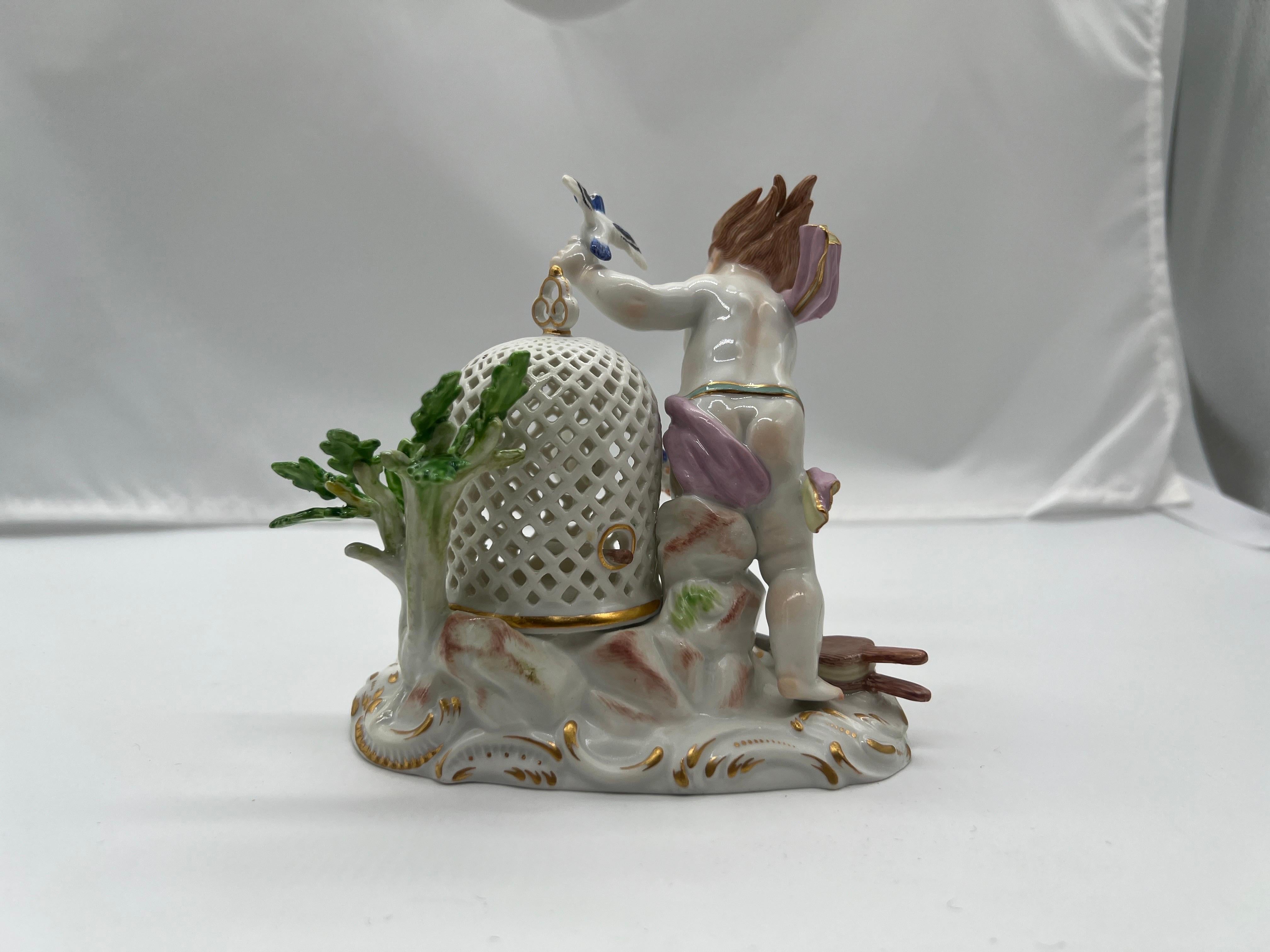 German Antique Meissen Porcelain Boy & The Bird Cage Figure Model  For Sale