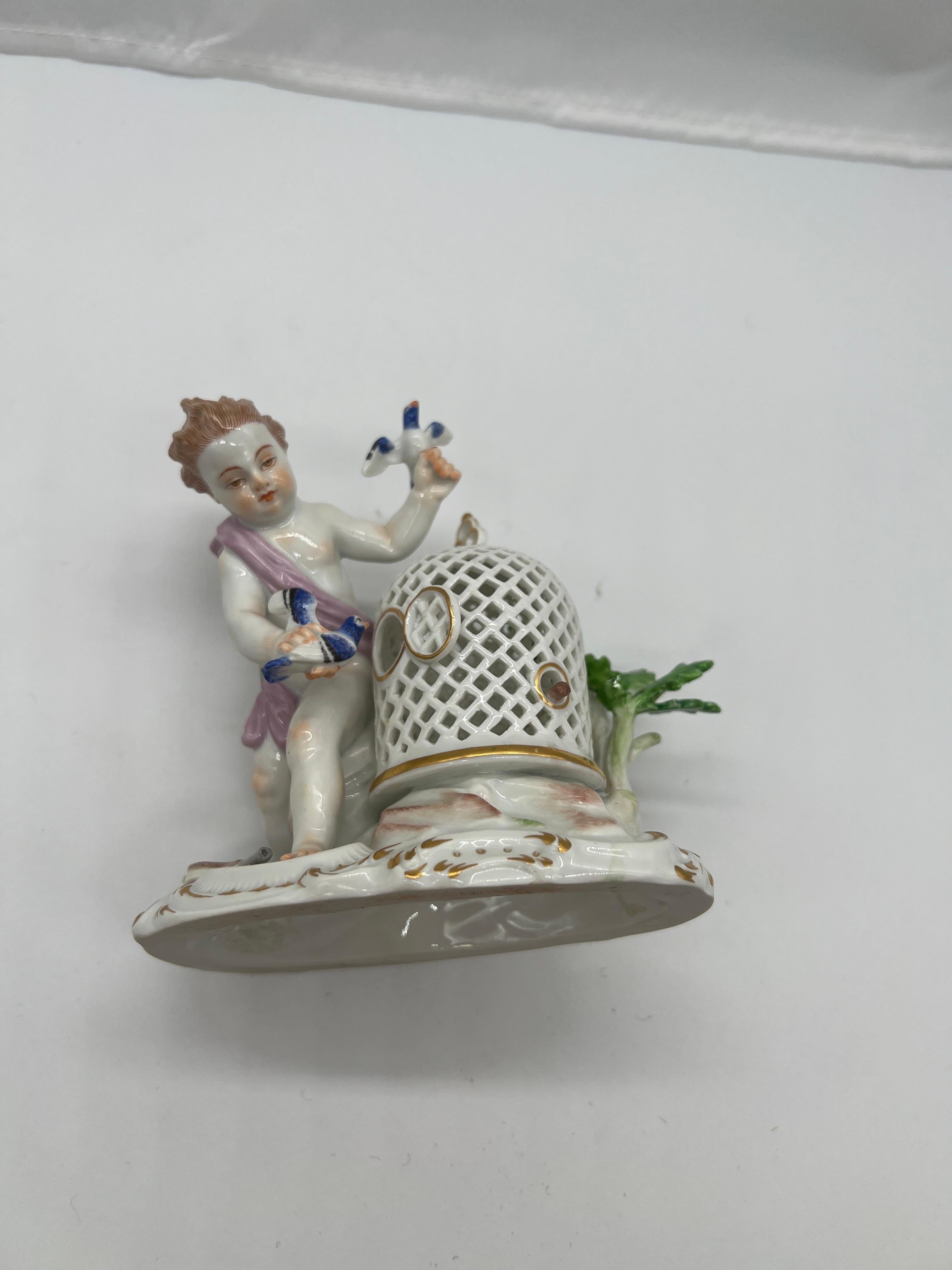 19th Century Antique Meissen Porcelain Boy & The Bird Cage Figure Model  For Sale