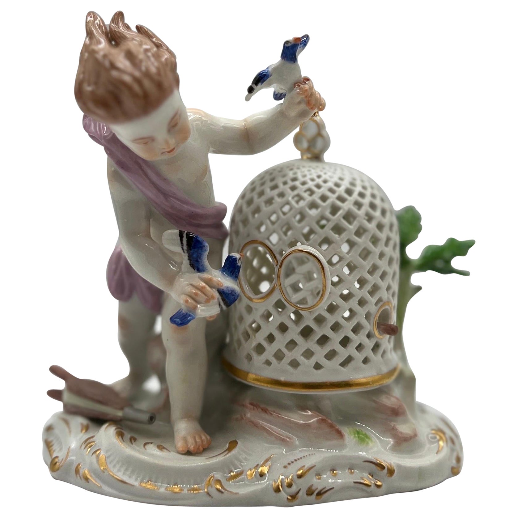 Antique Meissen Porcelain Boy & The Bird Cage Figure Model