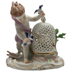 Antique Meissen Porcelain Boy & The Bird Cage Figure Model
