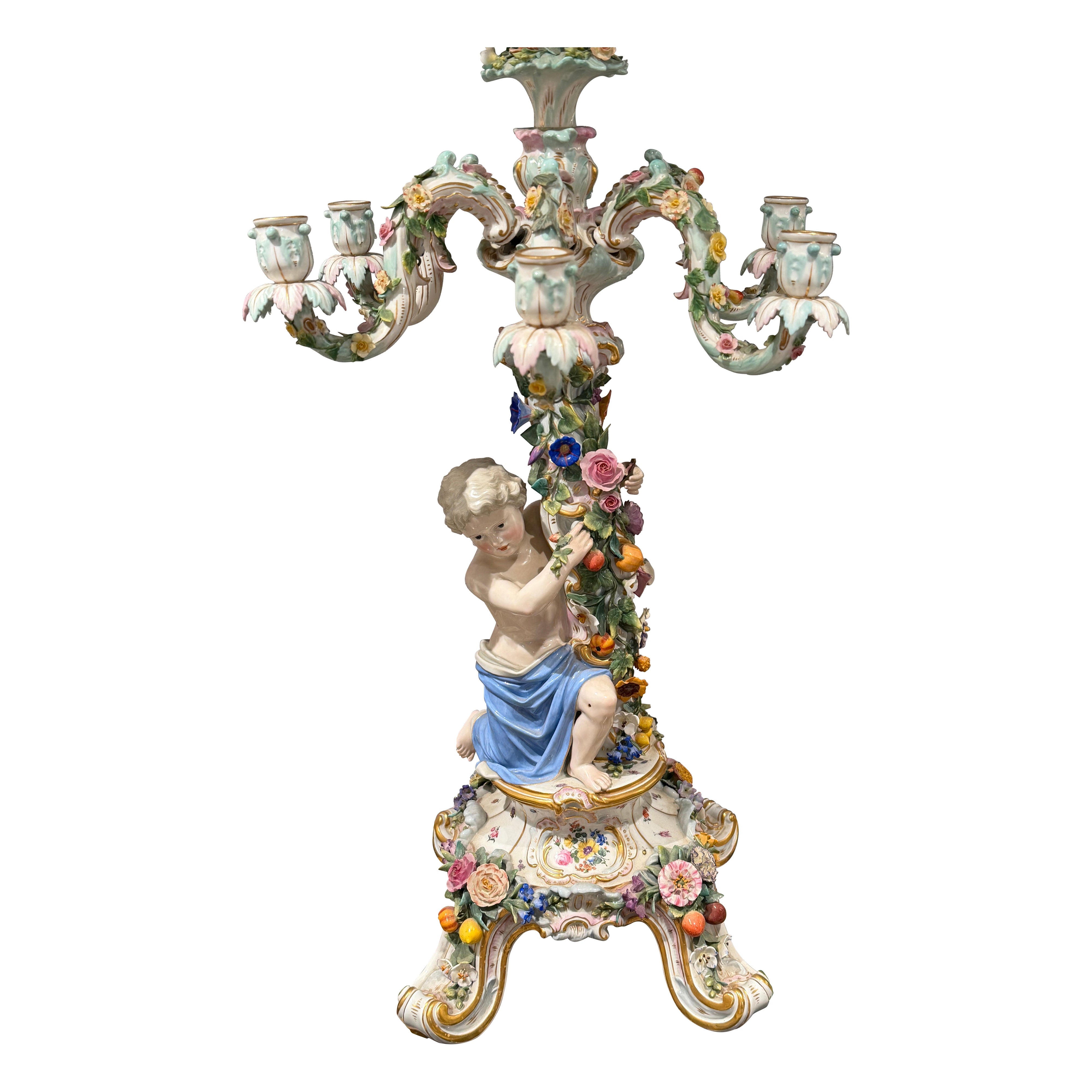 Antique Meissen Porcelain Figural Candelabra Hand-Painted Rococo Revival 19th For Sale