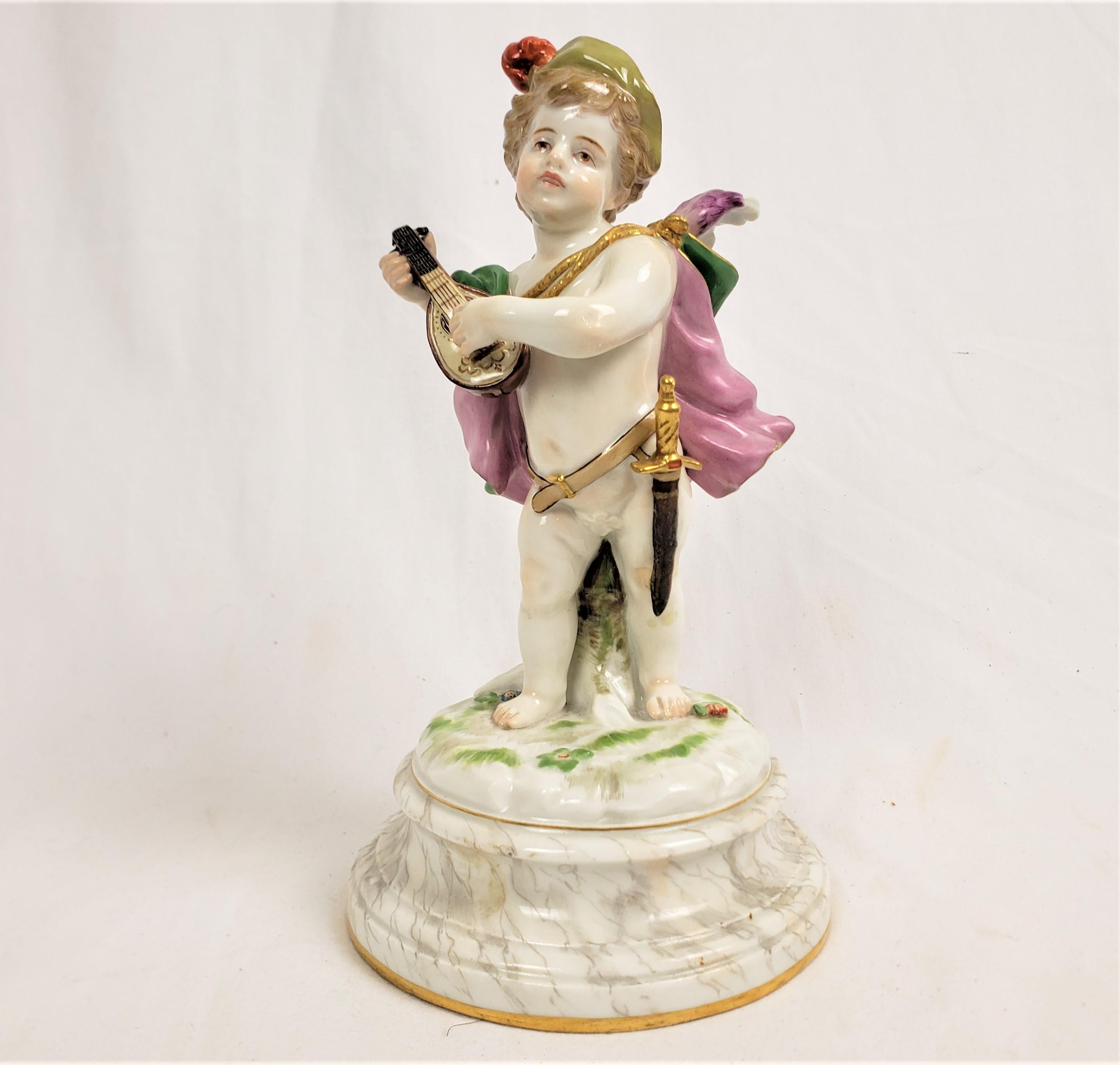 19th Century Antique Meissen Porcelain Figurine of a Child Playing a Lute For Sale
