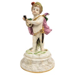 Antica statuetta di Meissen Porcelain raffigurante un bambino che suona il liuto